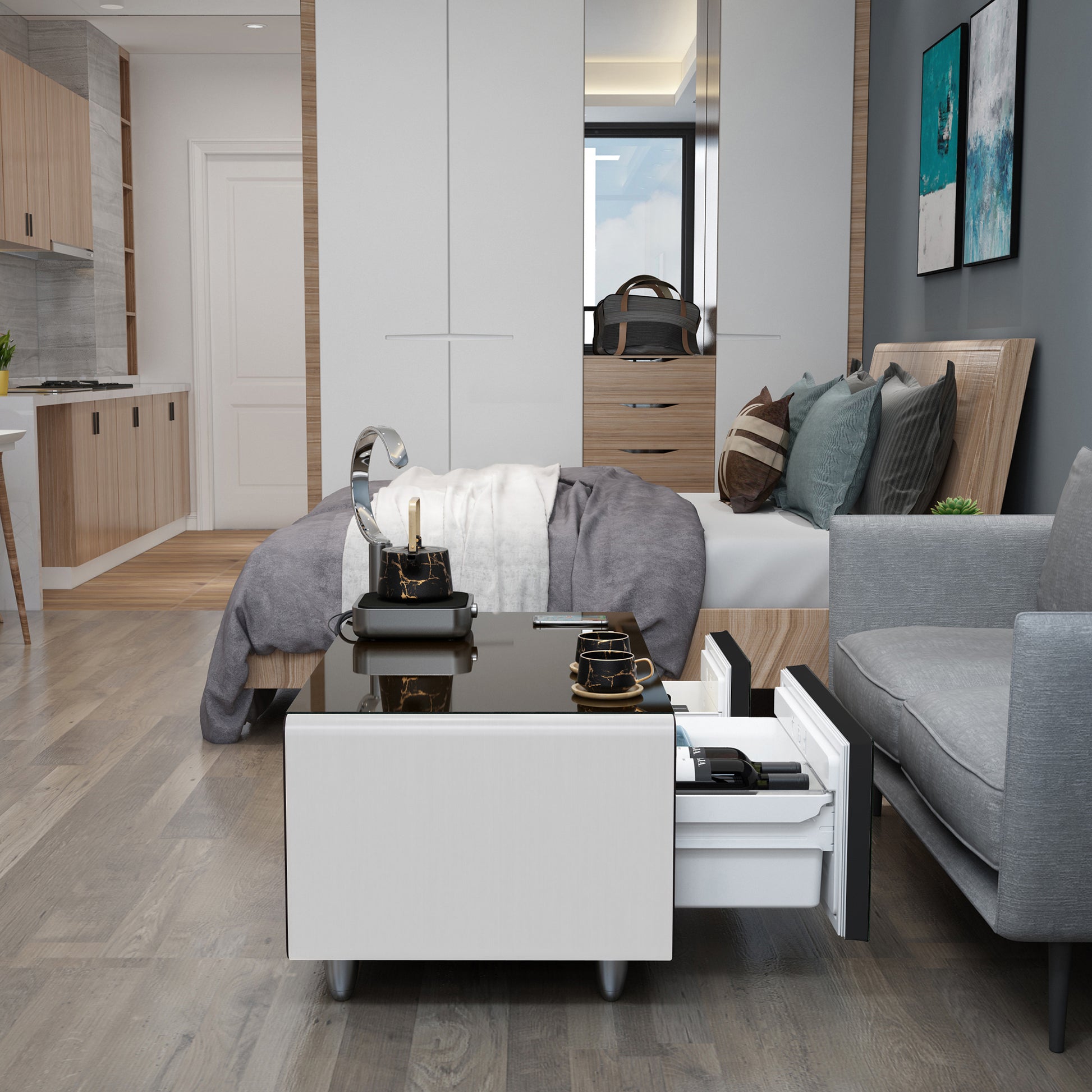 Modern Smart Coffee Table With Built In Fridge, Outlet Protection,Wireless Charging, Mechanical Temperature Control, Power Socket, Usb Interface And Ice Water Interface, White White Built In Outlets Or Usb Primary Living Space Luxury,Modern Freestanding