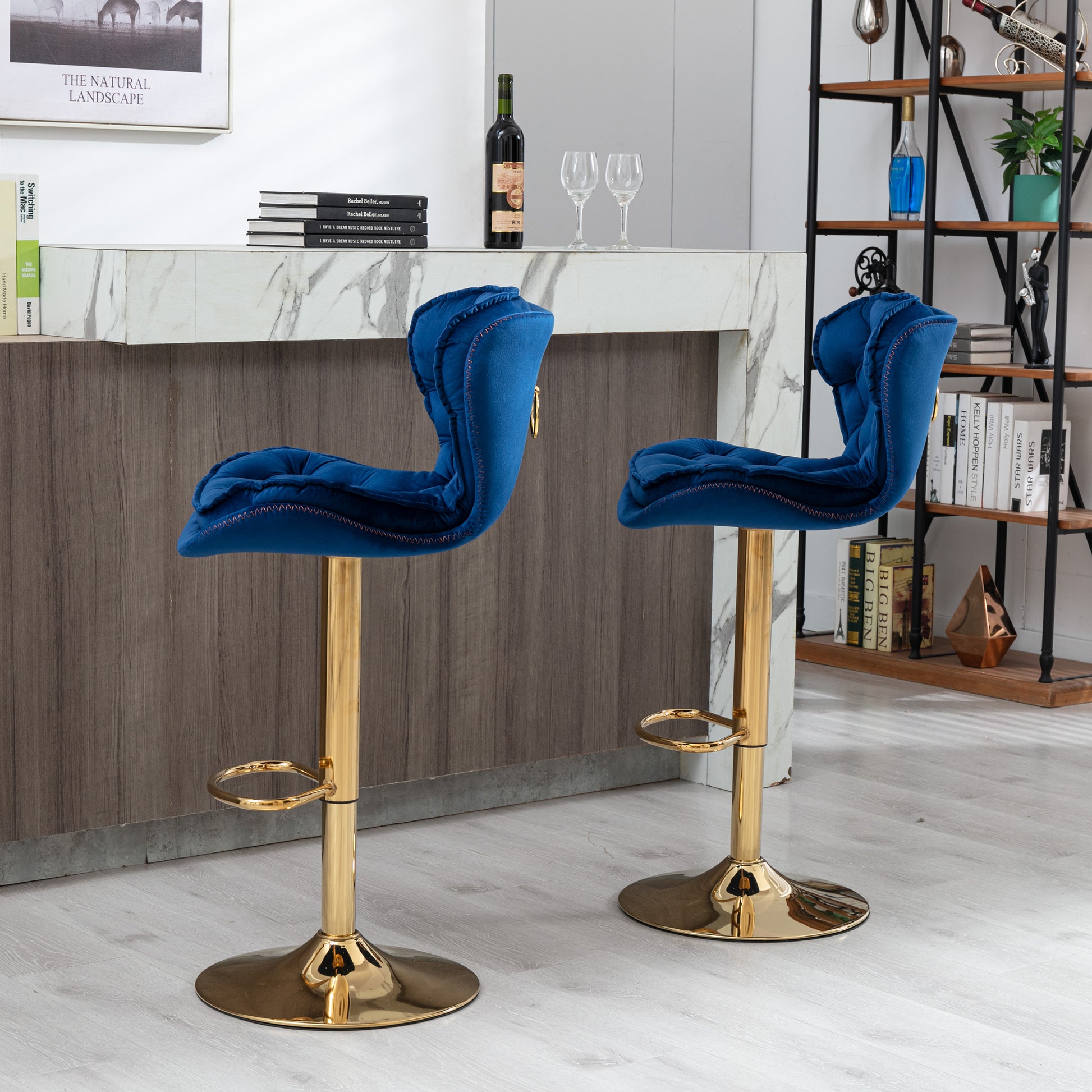 Set Of 2 Bar Stools,With Chrome Footrest And Base Swivel Height Adjustable Mechanical Lifting Velvet Golden Leg Simple Bar Stool Blue Navy Blue Foam Fabric