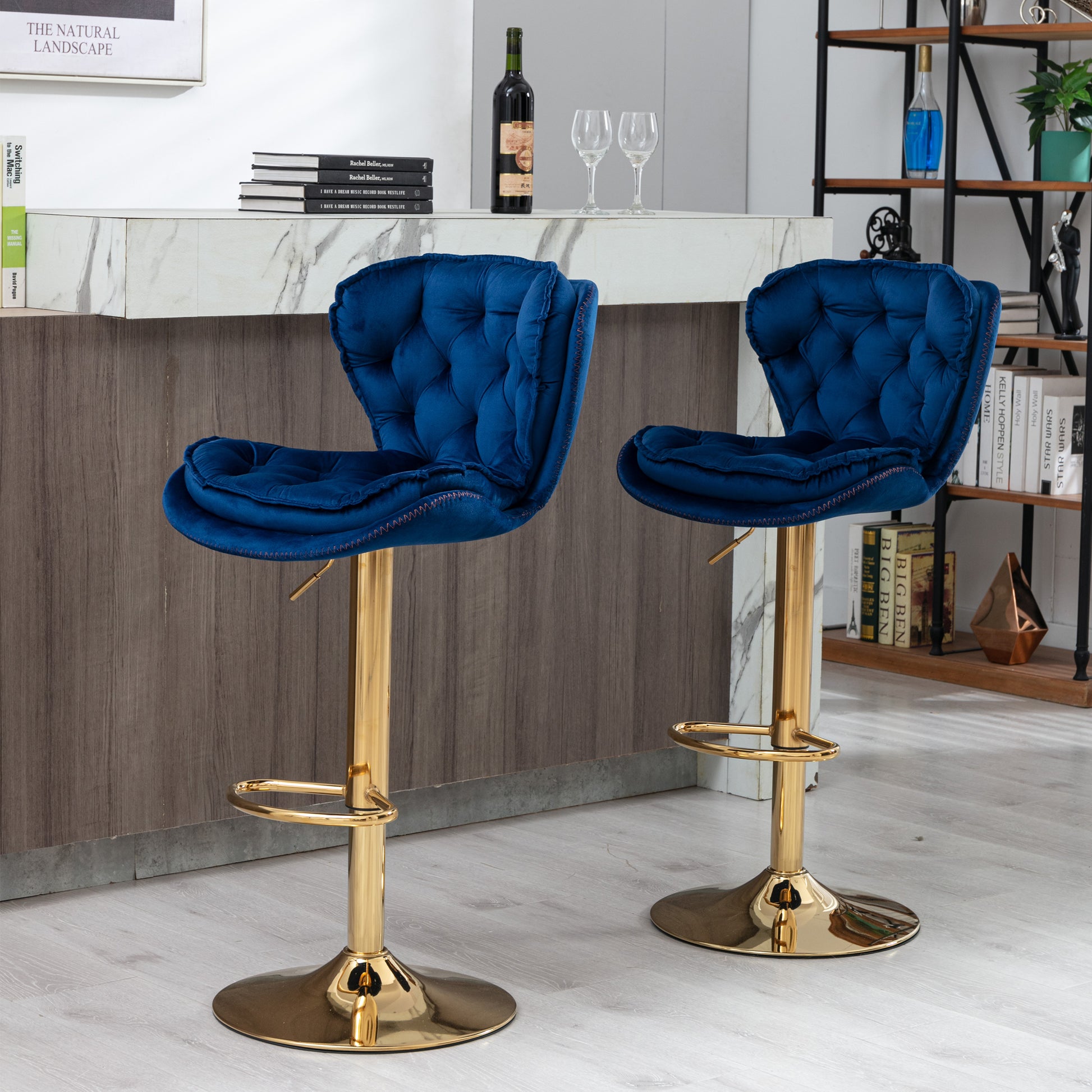 Set Of 2 Bar Stools,With Chrome Footrest And Base Swivel Height Adjustable Mechanical Lifting Velvet Golden Leg Simple Bar Stool Blue Navy Blue Foam Fabric
