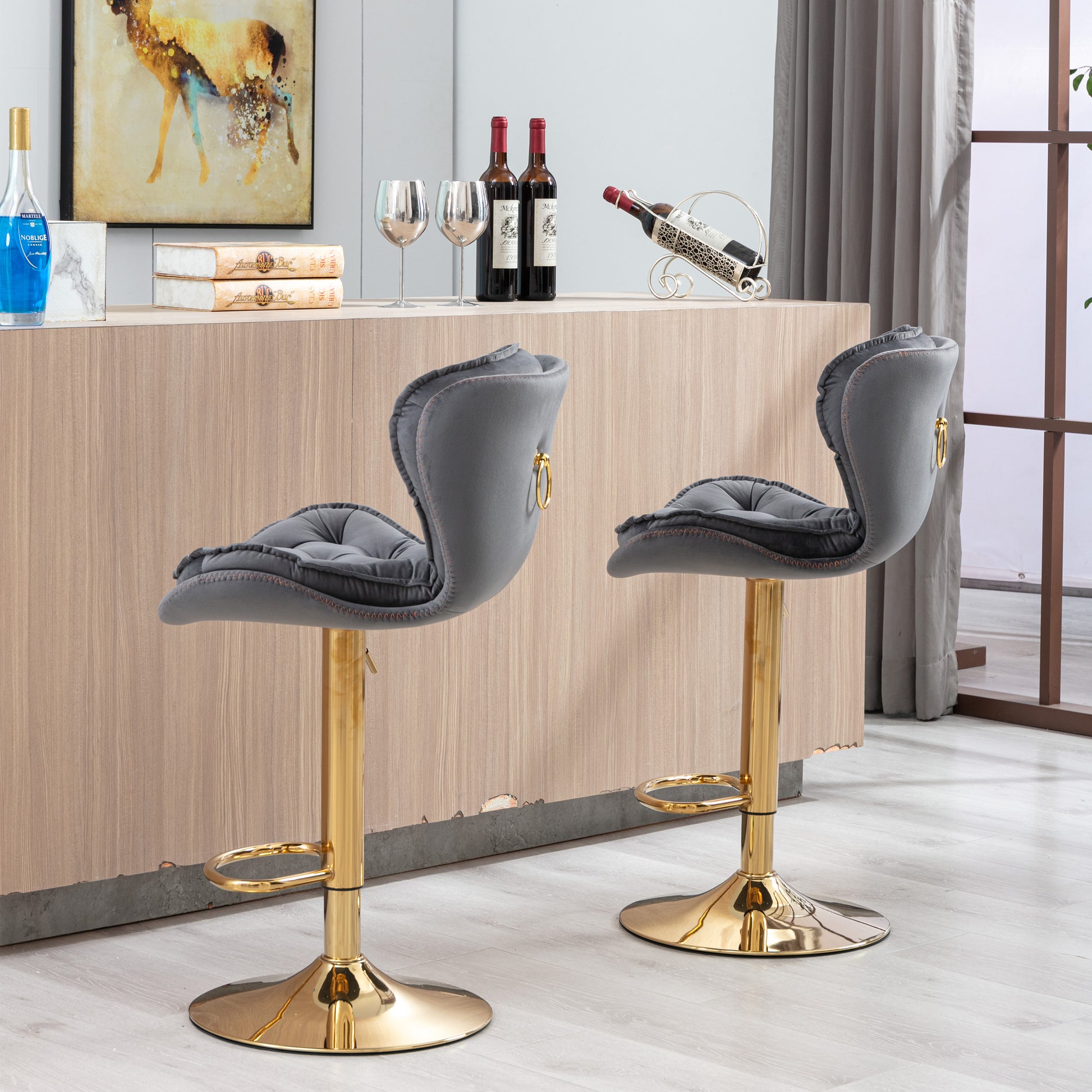 Set Of 2 Bar Stools,With Chrome Footrest And Base Swivel Height Adjustable Mechanical Lifting Velvet Golden Leg Simple Bar Stool Gray Grey Foam Fabric