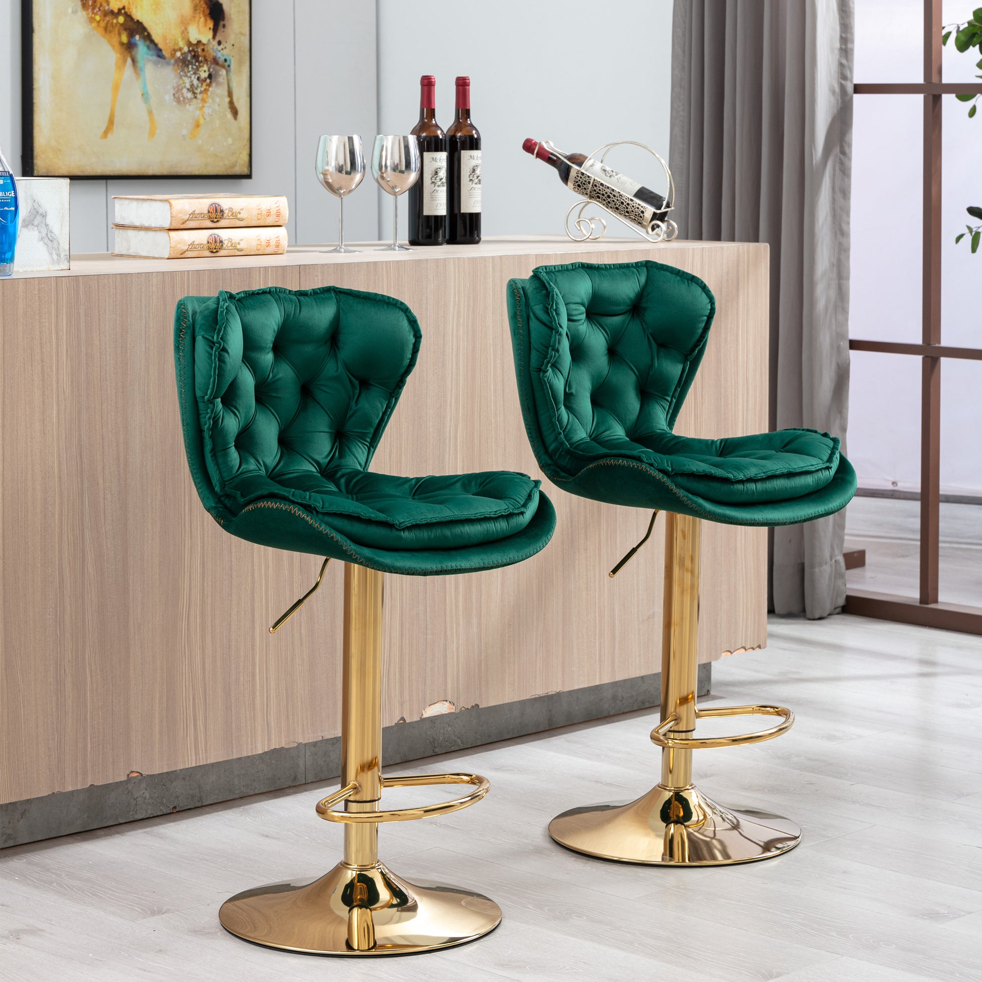 Set Of 2 Bar Stools,With Chrome Footrest And Base Swivel Height Adjustable Mechanical Lifting Velvet Golden Leg Simple Bar Stool Green Green Foam Fabric