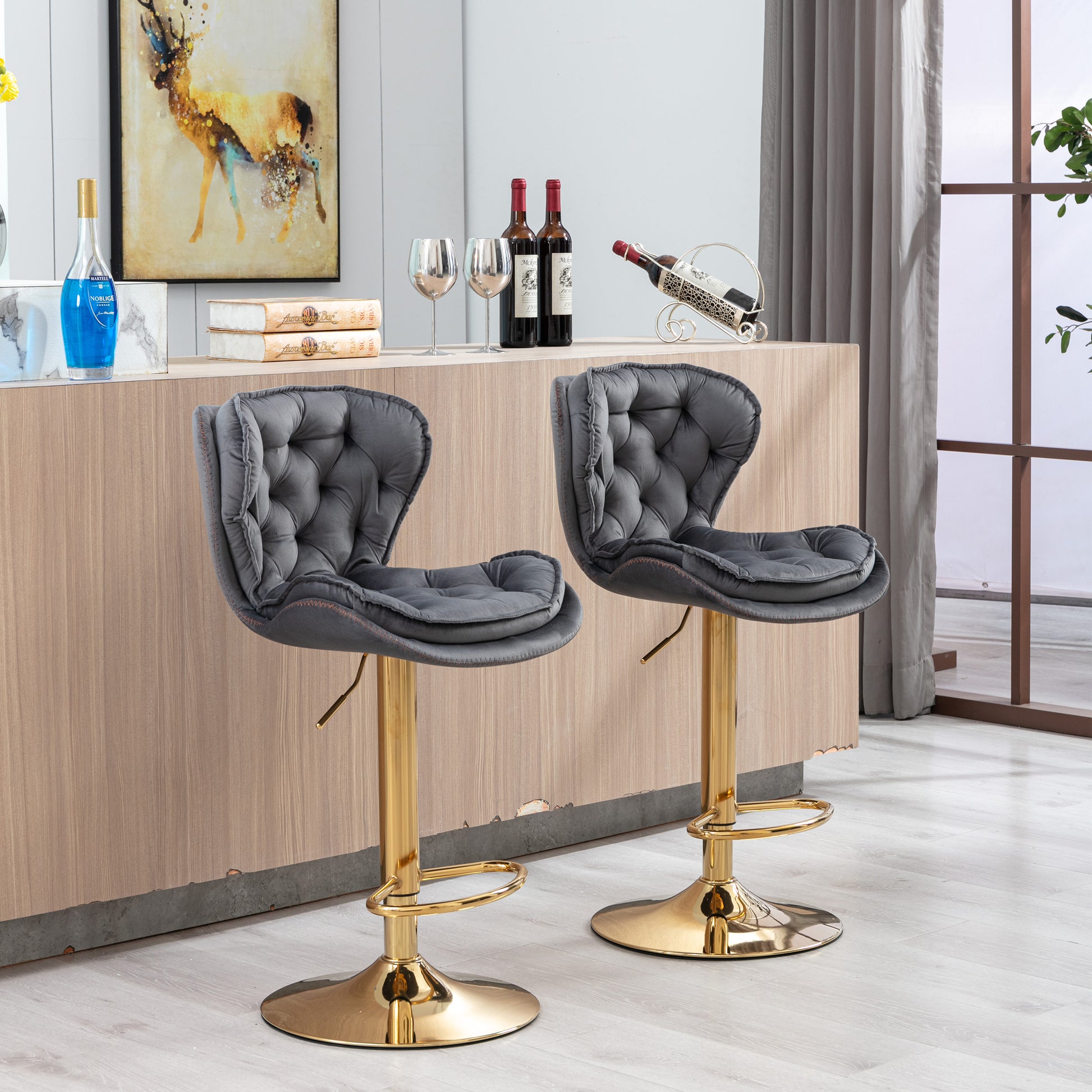 Set Of 2 Bar Stools,With Chrome Footrest And Base Swivel Height Adjustable Mechanical Lifting Velvet Golden Leg Simple Bar Stool Gray Grey Foam Fabric