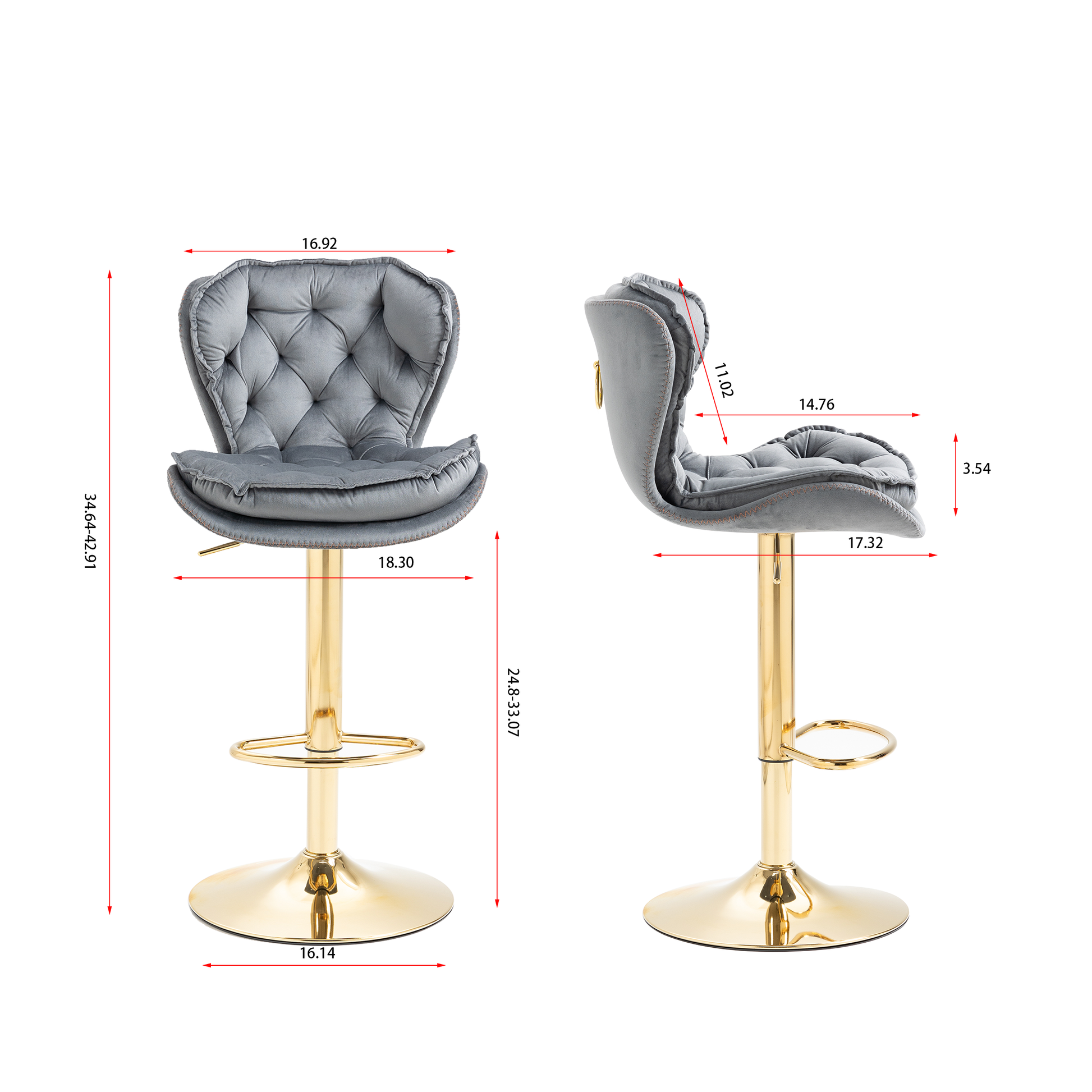 Set Of 2 Bar Stools,With Chrome Footrest And Base Swivel Height Adjustable Mechanical Lifting Velvet Golden Leg Simple Bar Stool Gray Grey Foam Fabric