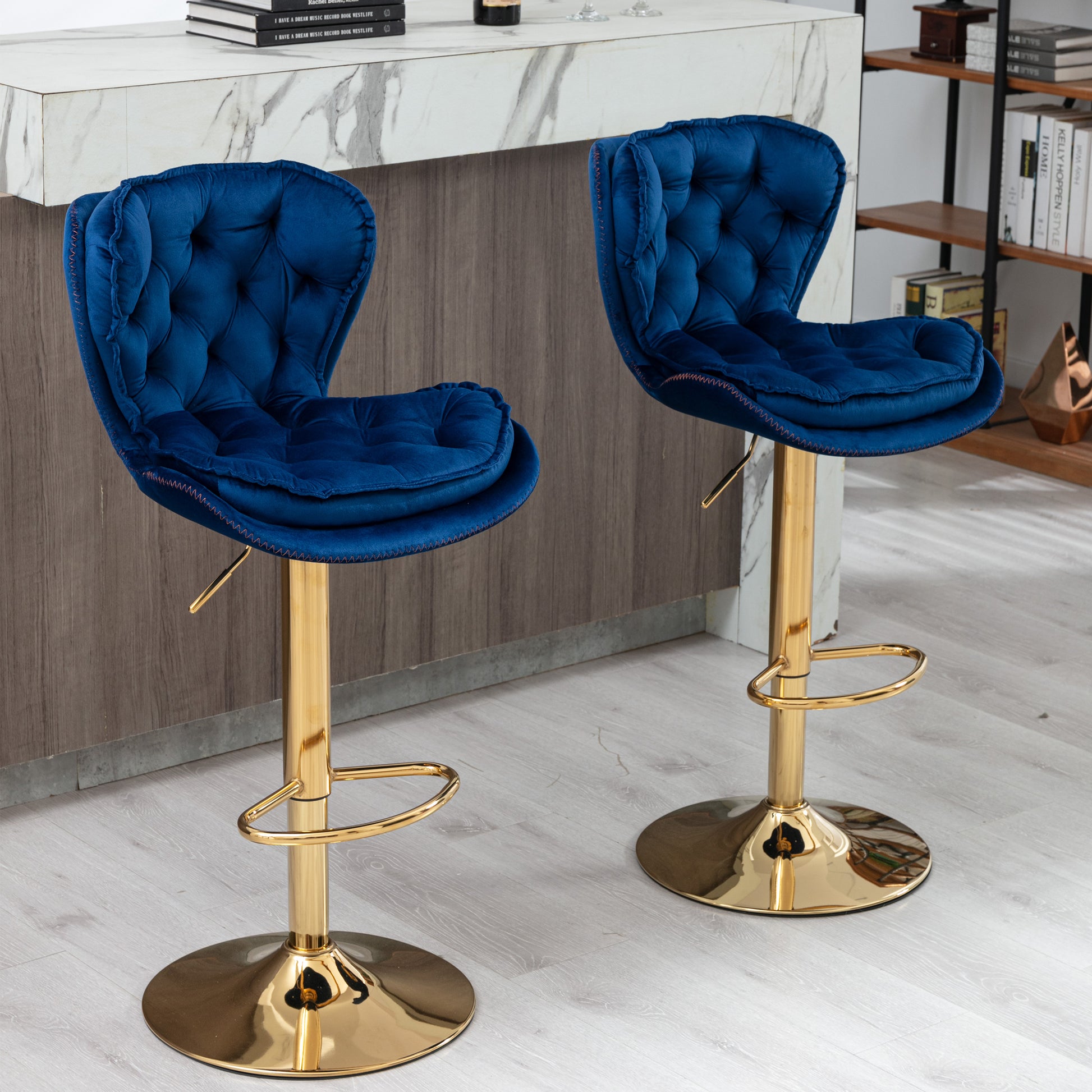 Set Of 2 Bar Stools,With Chrome Footrest And Base Swivel Height Adjustable Mechanical Lifting Velvet Golden Leg Simple Bar Stool Blue Navy Blue Foam Fabric