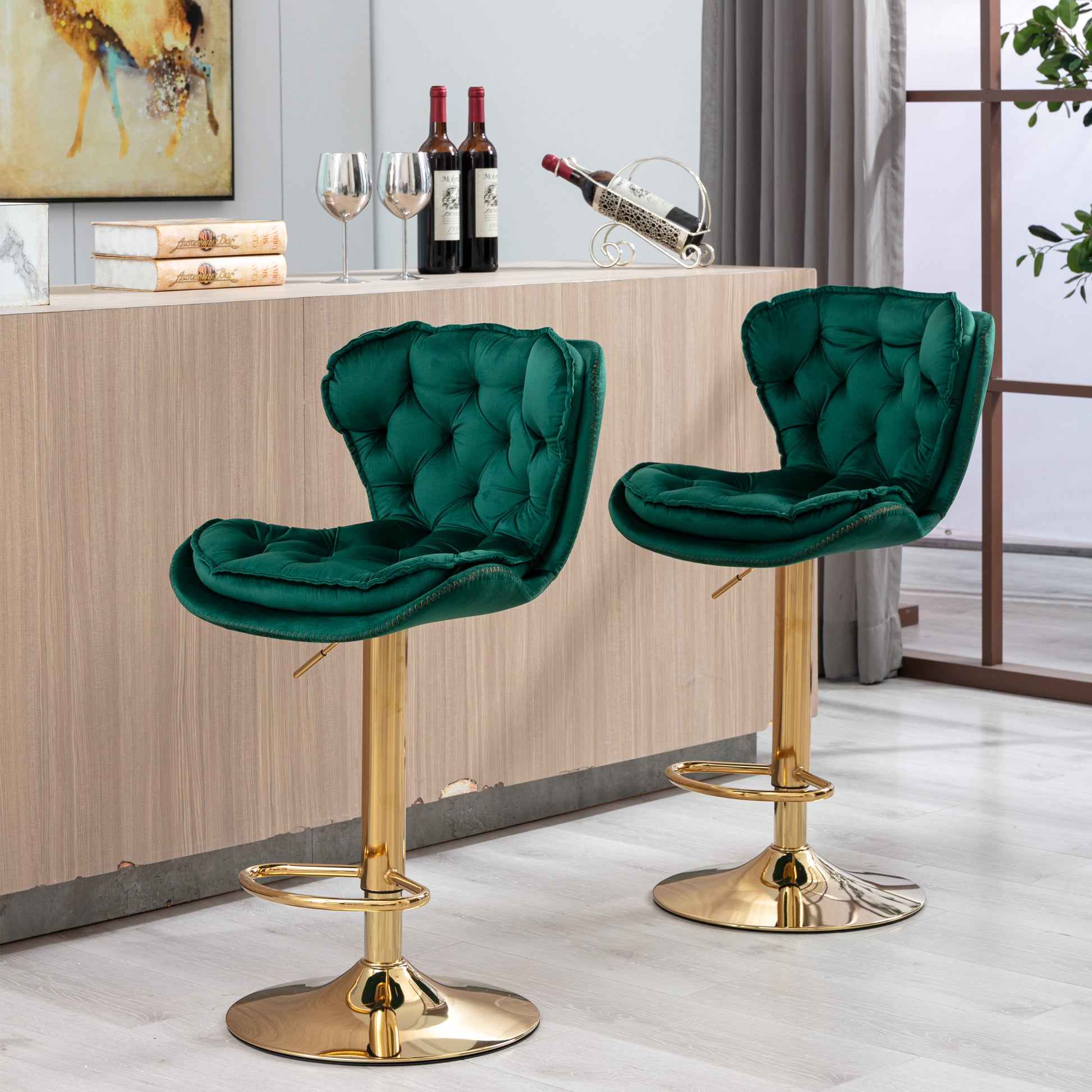 Set Of 2 Bar Stools,With Chrome Footrest And Base Swivel Height Adjustable Mechanical Lifting Velvet Golden Leg Simple Bar Stool Green Green Foam Fabric