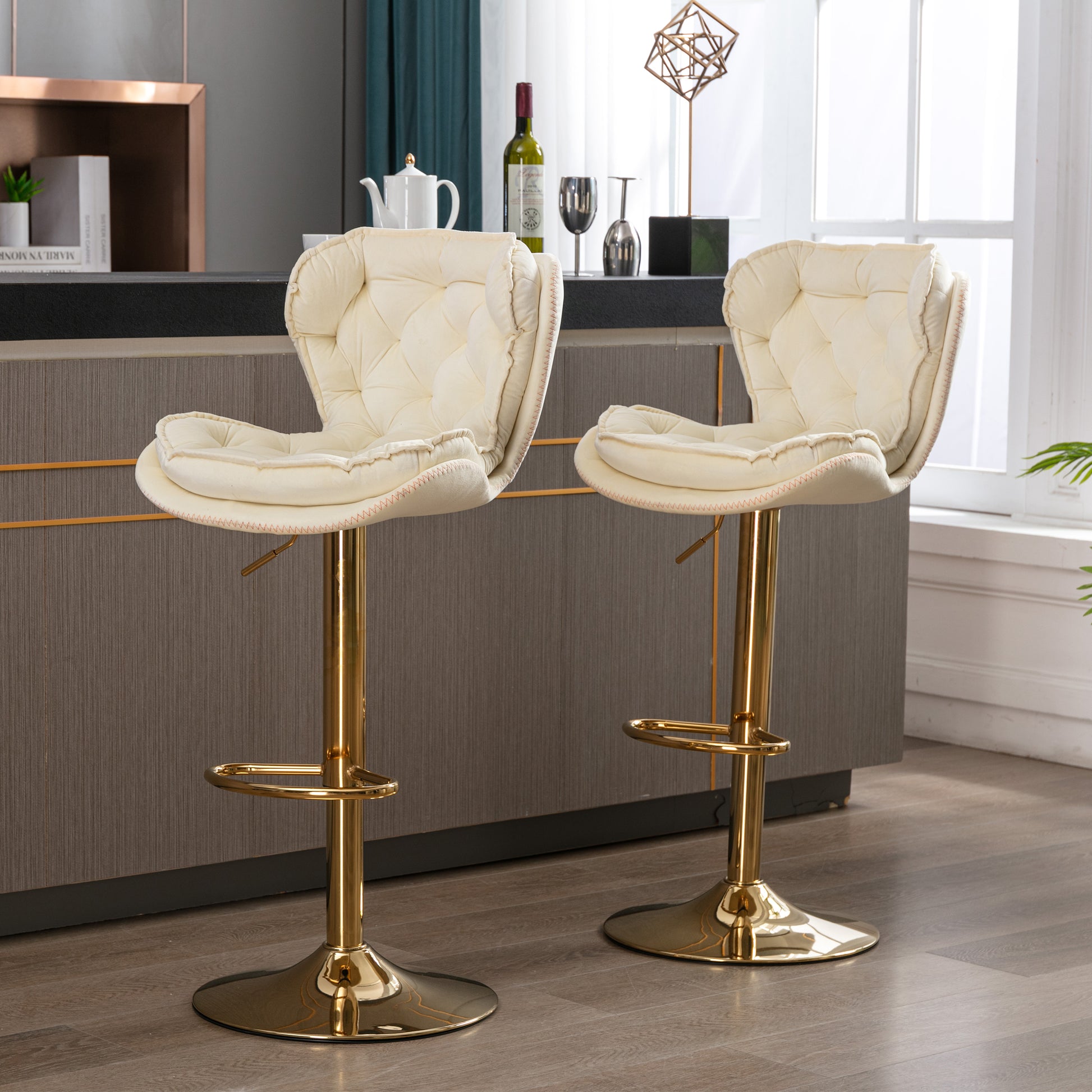 Set Of 2 Bar Stools,With Chrome Footrest And Base Swivel Height Adjustable Mechanical Lifting Velvet Golden Leg Simple Bar Stool Cream Cream Foam Fabric