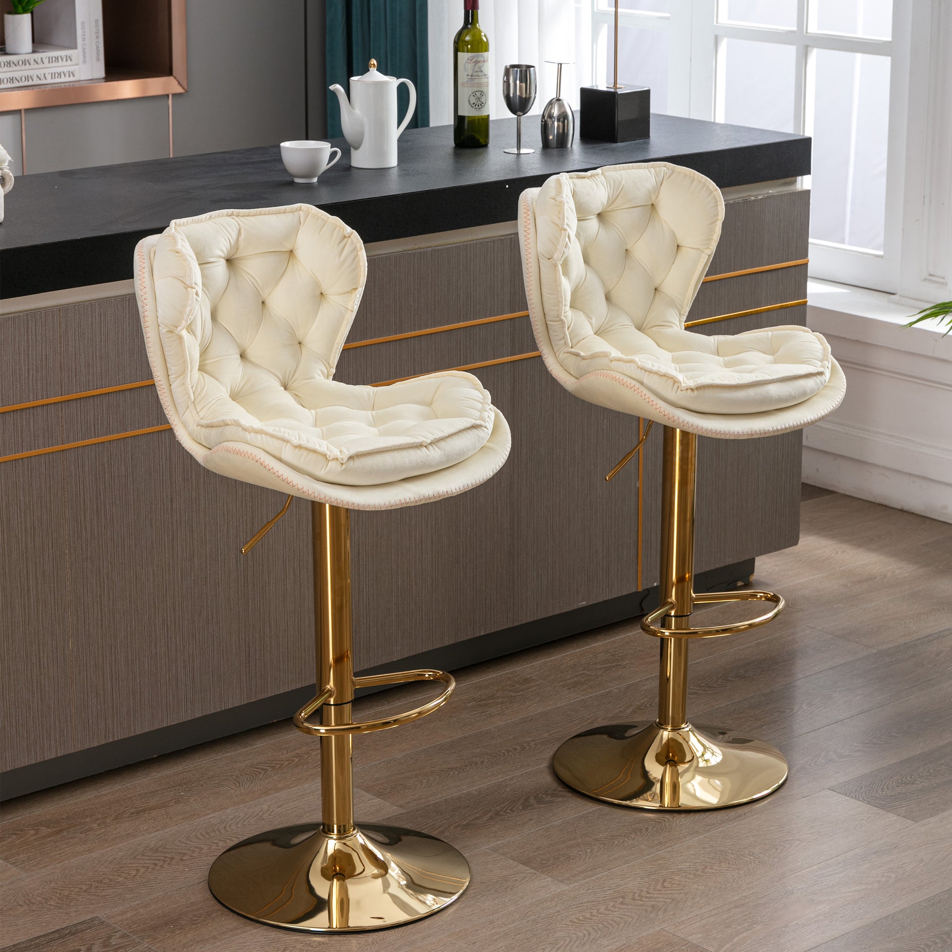Set Of 2 Bar Stools,With Chrome Footrest And Base Swivel Height Adjustable Mechanical Lifting Velvet Golden Leg Simple Bar Stool Cream Cream Foam Fabric