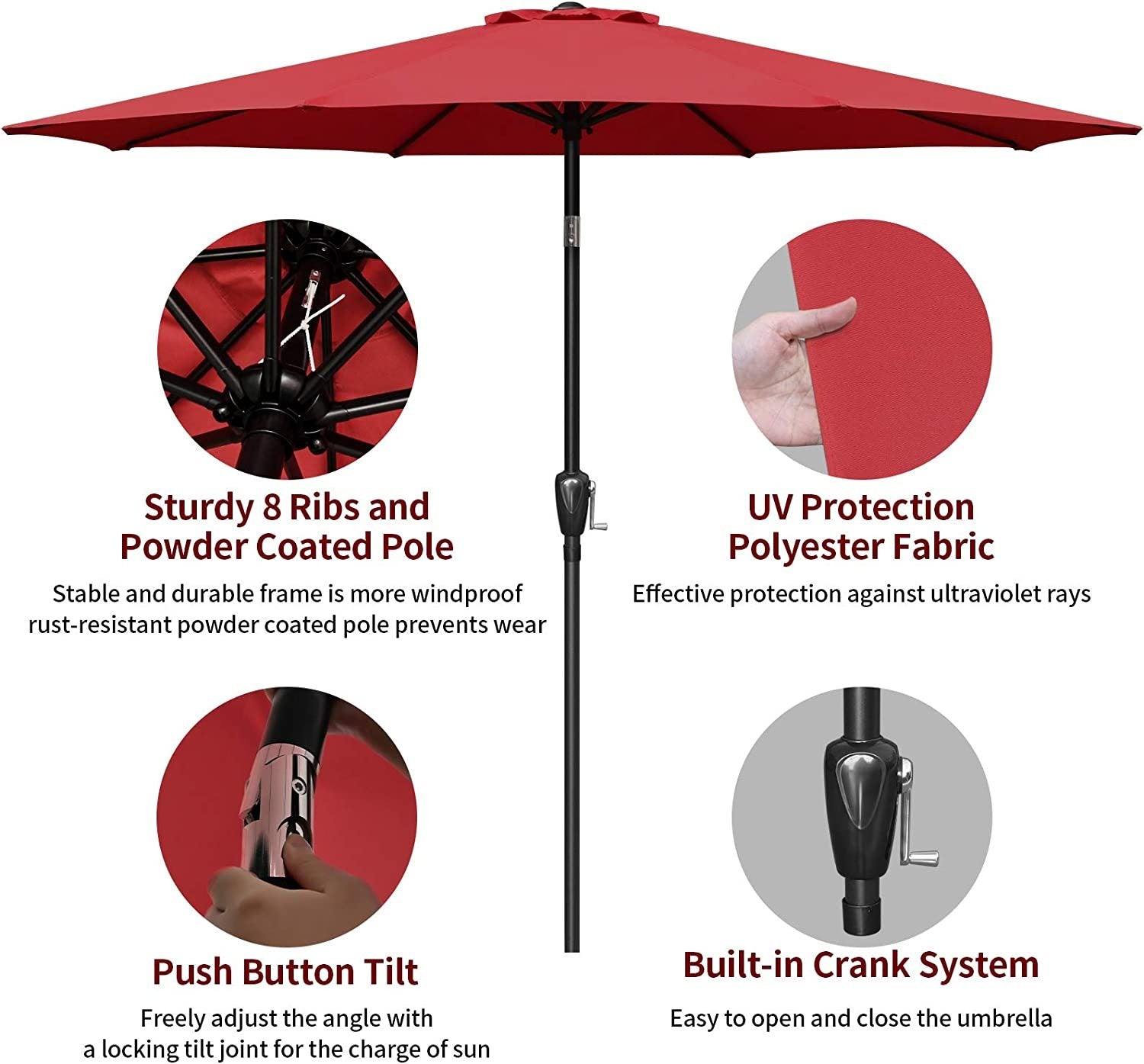 Simple Deluxe 9Ft Outdoor Market Table Patio Umbrella With Button Tilt, Crank And 8 Sturdy Ribs For Garden, Red Red Seats 8 Stainless Steel