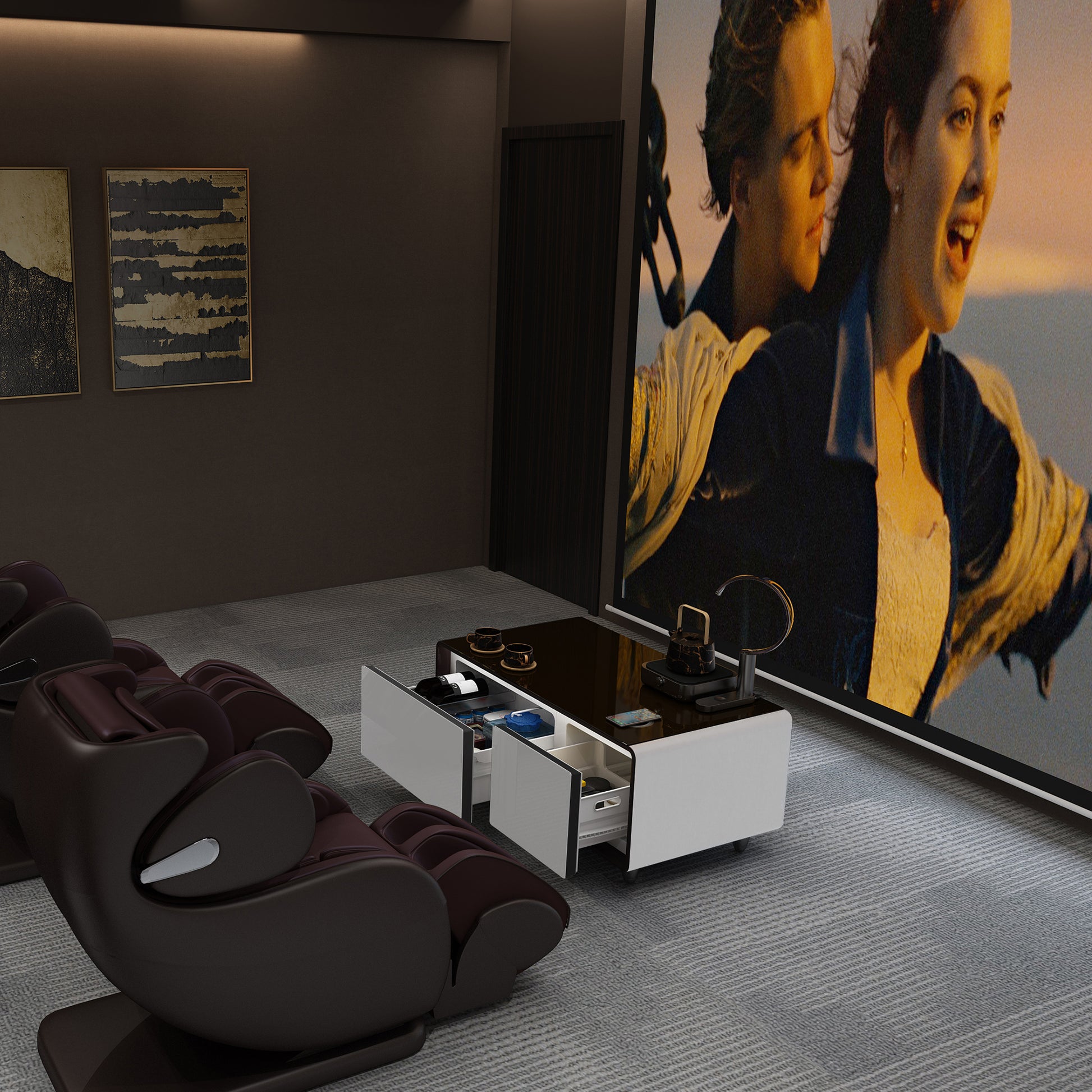 Modern Smart Coffee Table With Built In Fridge, Outlet Protection,Wireless Charging, Mechanical Temperature Control, Power Socket, Usb Interface And Ice Water Interface, White White Built In Outlets Or Usb Primary Living Space Luxury,Modern Freestanding