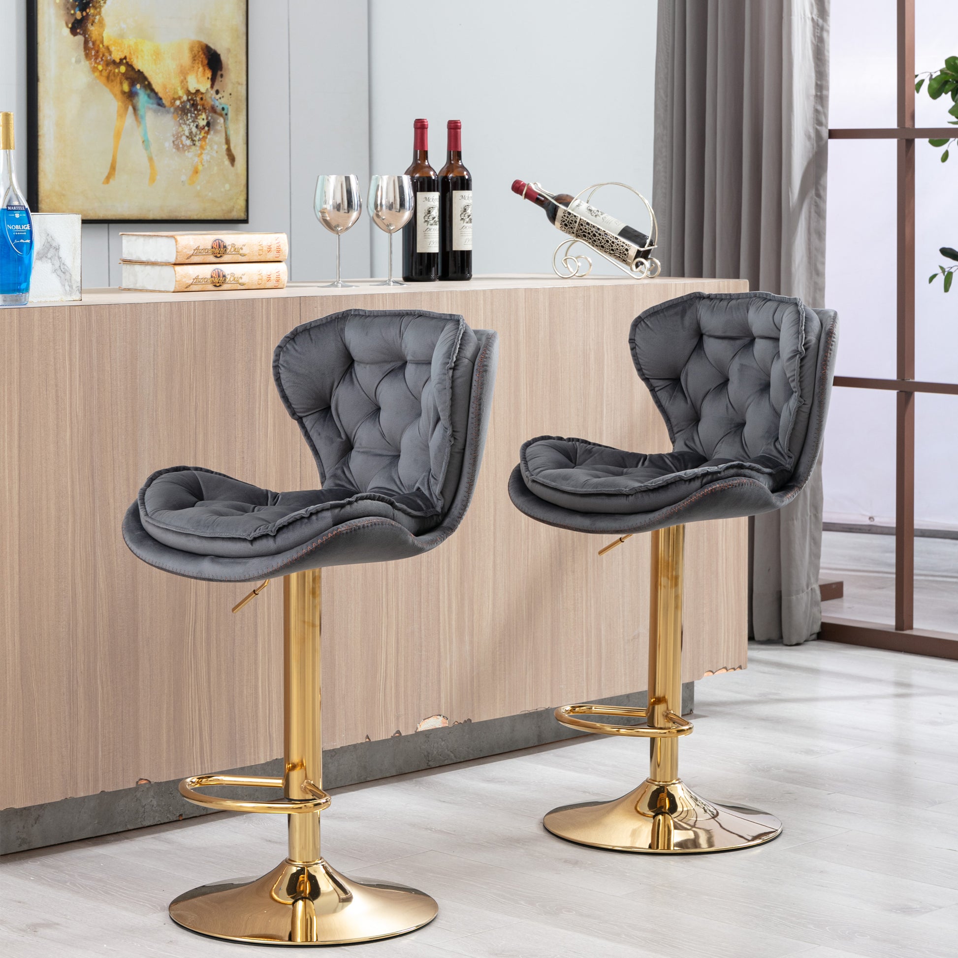 Set Of 2 Bar Stools,With Chrome Footrest And Base Swivel Height Adjustable Mechanical Lifting Velvet Golden Leg Simple Bar Stool Gray Grey Foam Fabric