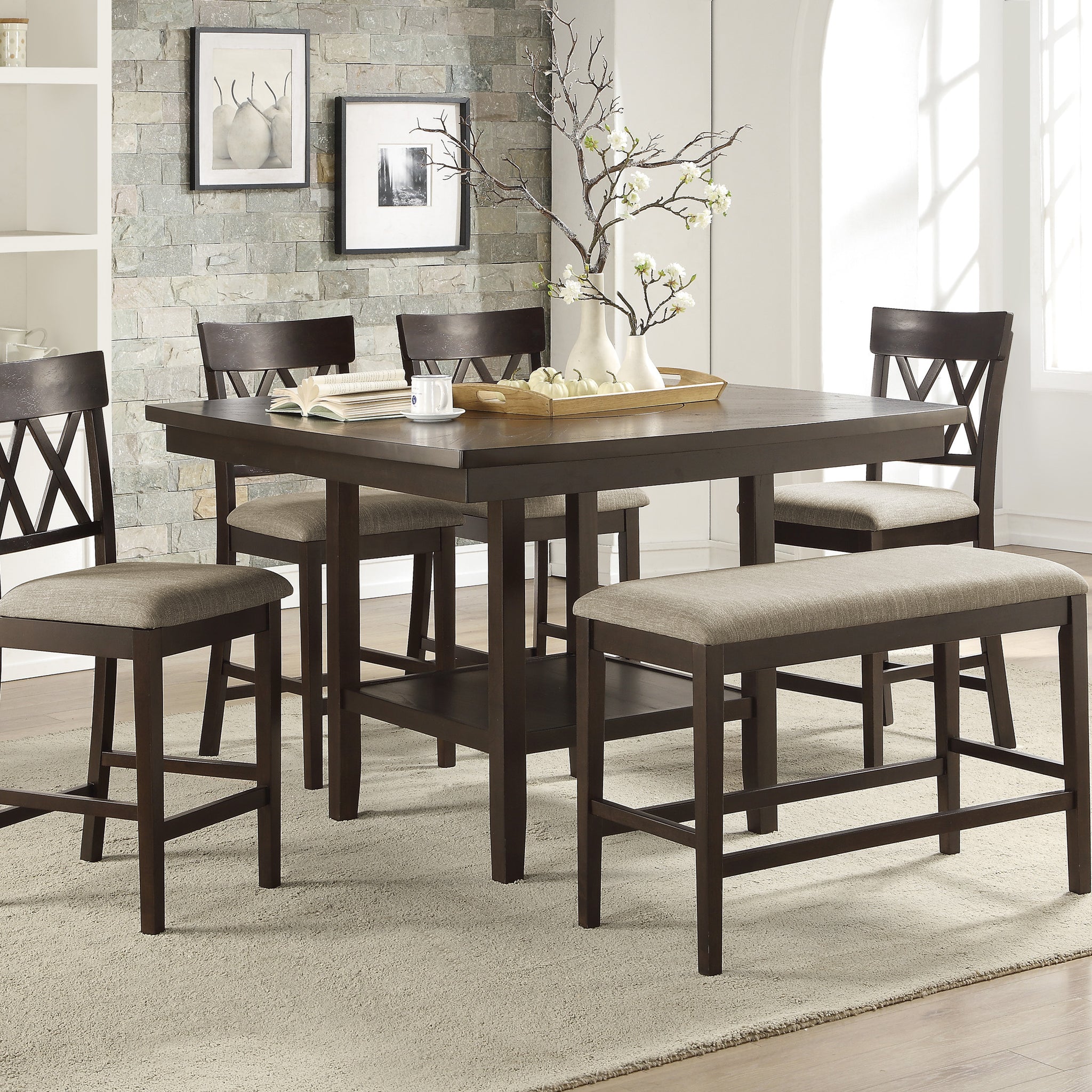 Dark Brown Finish Counter Height Table With Lazy Susan Lower Display Shelf And 4X Counter Height Chairs Bench Contemporary Dining 6Pc Set Wooden Furniture Wood Wood Brown Mix Seats 6 Wood Dining Room Dining Table With Chair And Bench Wood