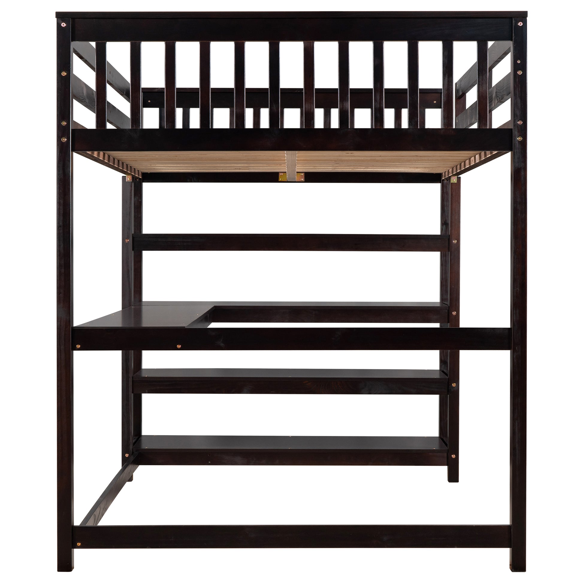 Full Size Loft Bed With Storage Shelves And Under Bed Desk, Espresso Old Sku:Sm000246Aap 1 Box Spring Not Required Full Espresso Wood Bedroom Pine