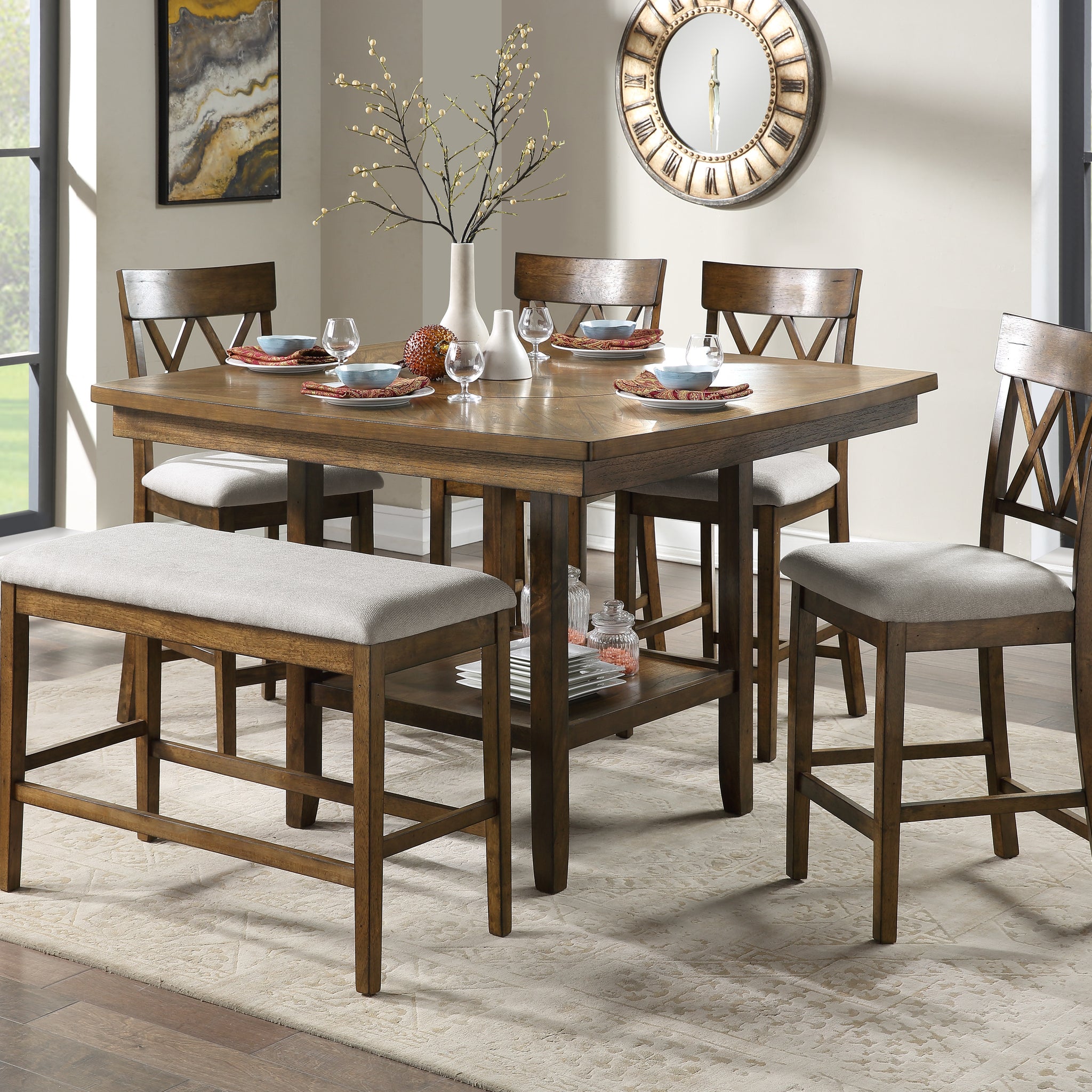 Contemporary 6Pc Dining Set Counter Height Table Bench And 4 Counter Height Chairs Functional Lazy Susan Shelf Table Light Oak Finish Wooden Kitchen Dining Furniture Wood Wood Light Oak Seats 6 Wood Dining Room Square Dining Table With Chair And Bench