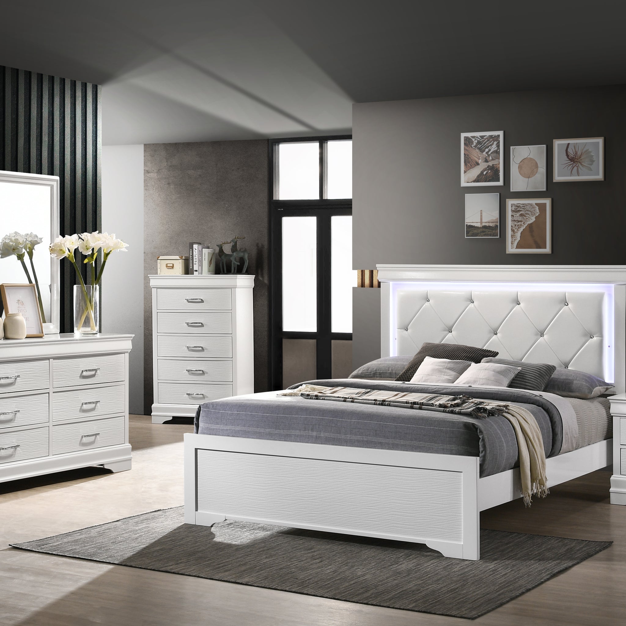 Twin 5 Pc Tufted Upholstery Led Bedroom Set Made With Wood In White Box Spring Required Twin White Wood 5 Piece Set Bedroom Bed Included,Chest Included,Dresser Included,Mirror Included,Nightstand