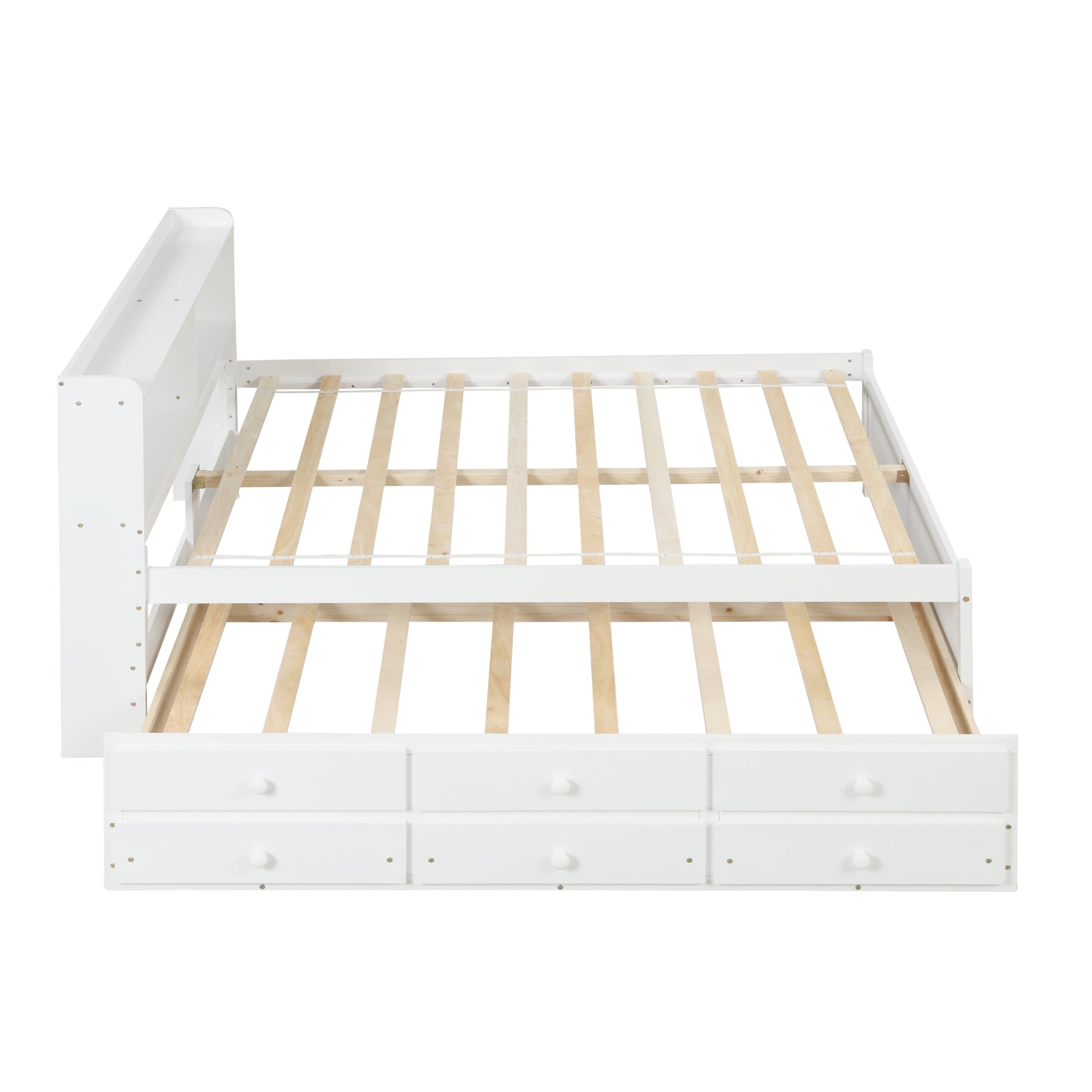 Full Bed With Bookcase,Twin Trundle,Drawers,White Full White Pine
