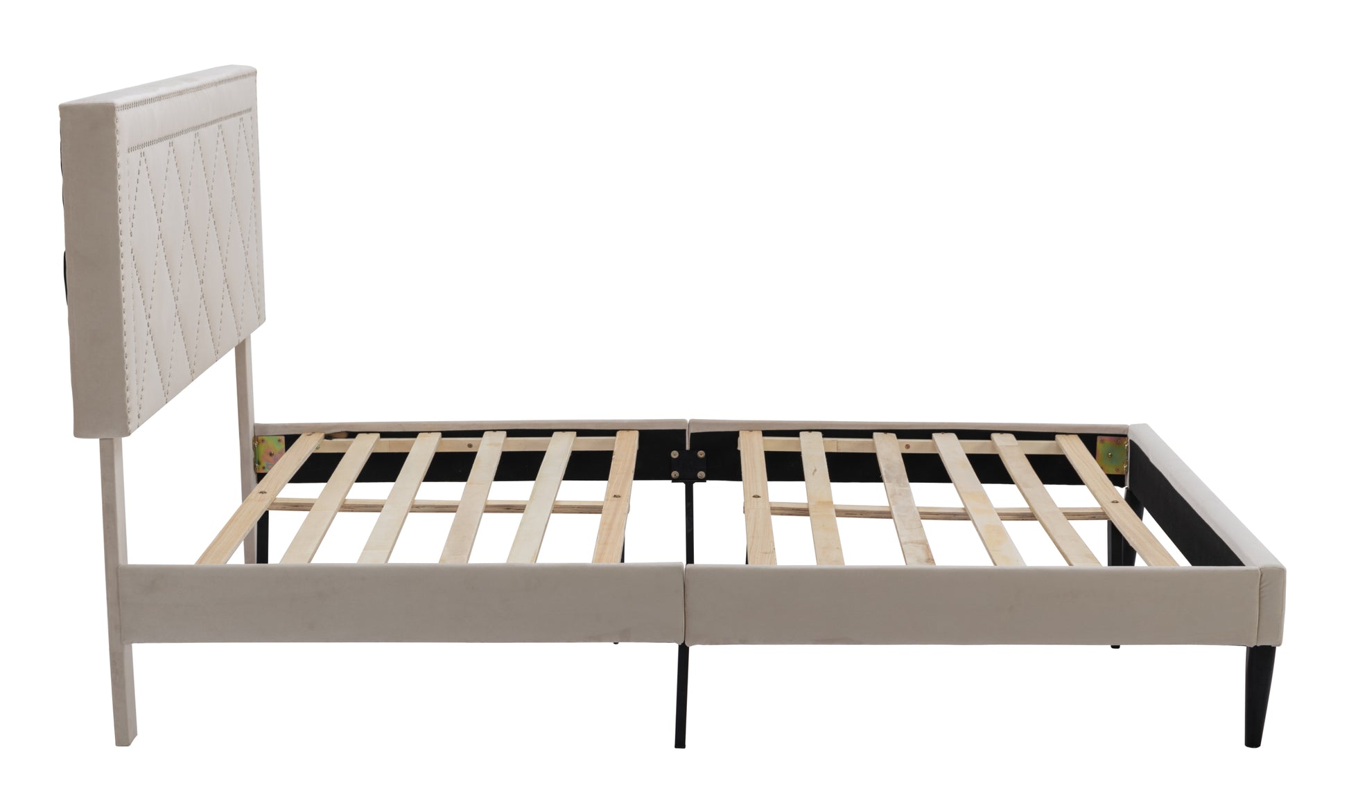 Modern Curved Upholstered Bed, Trim Queen Cream Plywood Fabric