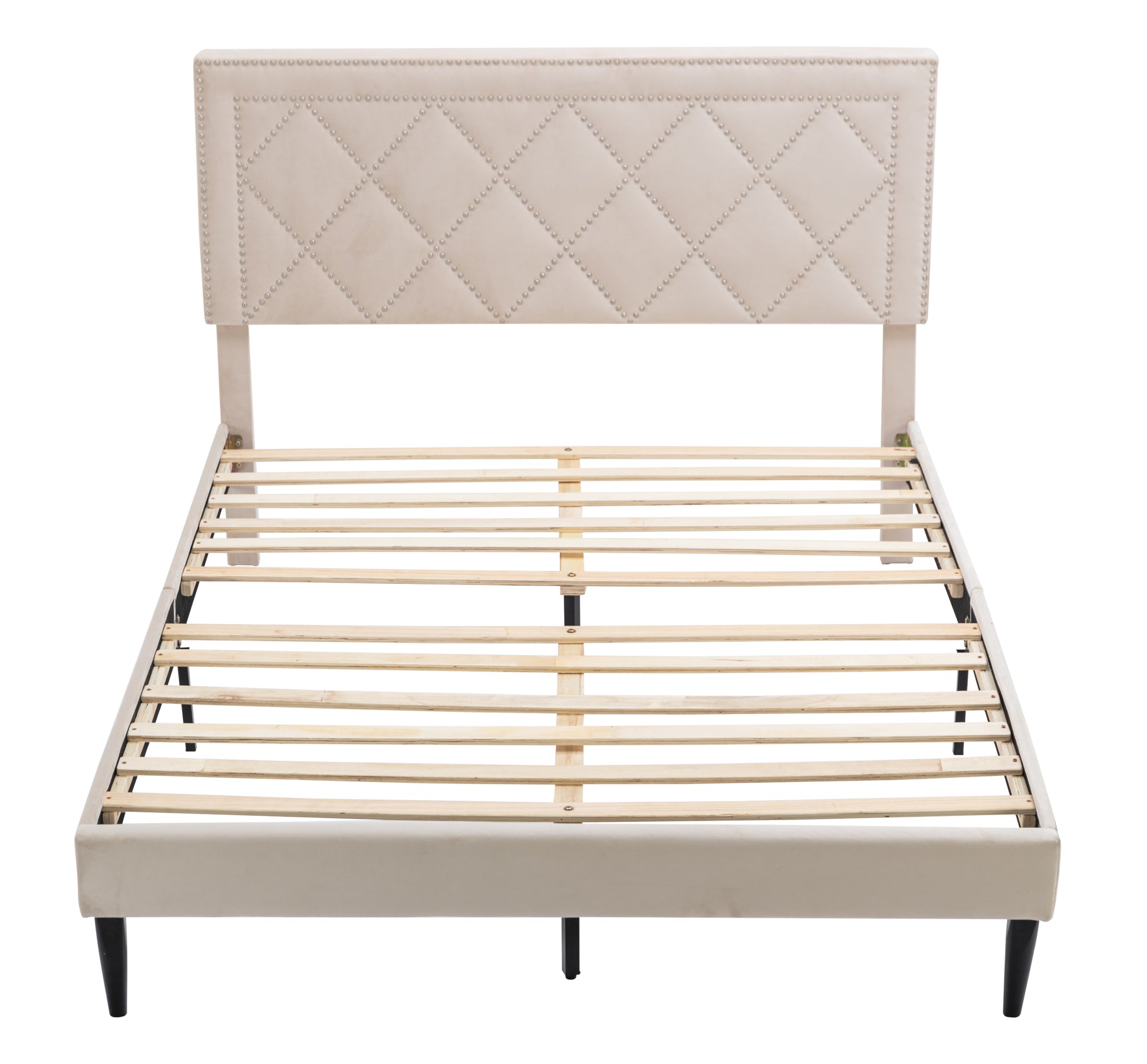 Modern Curved Upholstered Bed, Trim Queen Cream Plywood Fabric