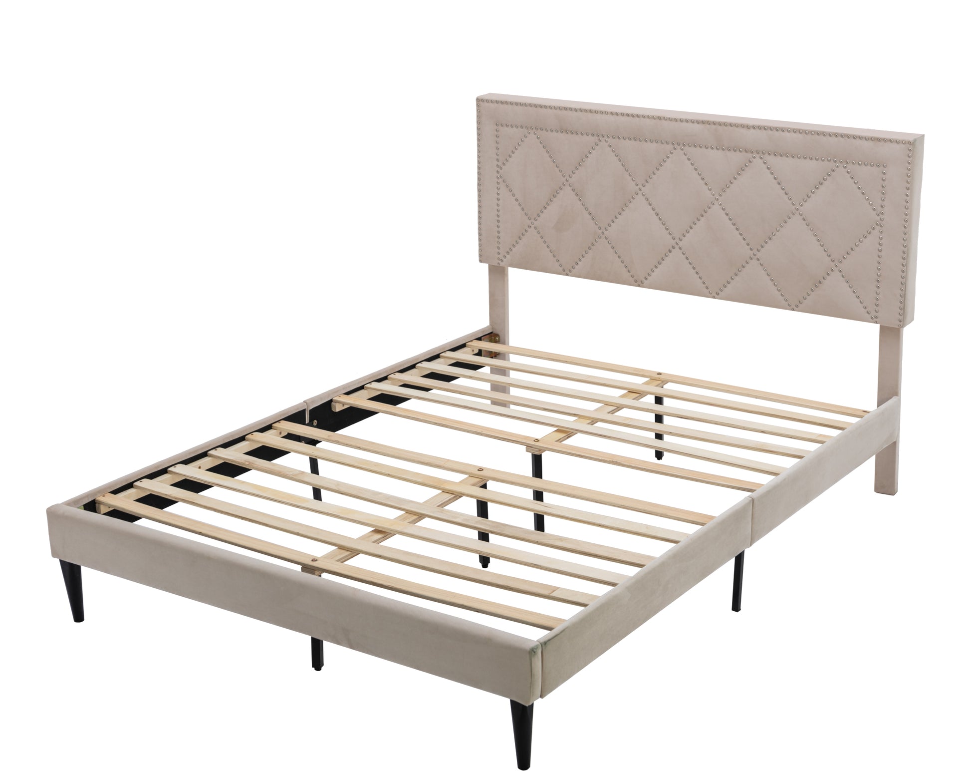 Modern Curved Upholstered Bed, Trim Queen Cream Plywood Fabric