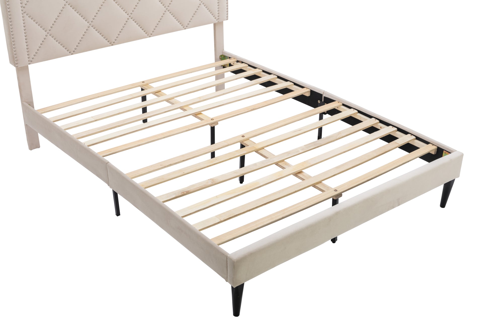 Modern Curved Upholstered Bed, Trim Queen Cream Plywood Fabric