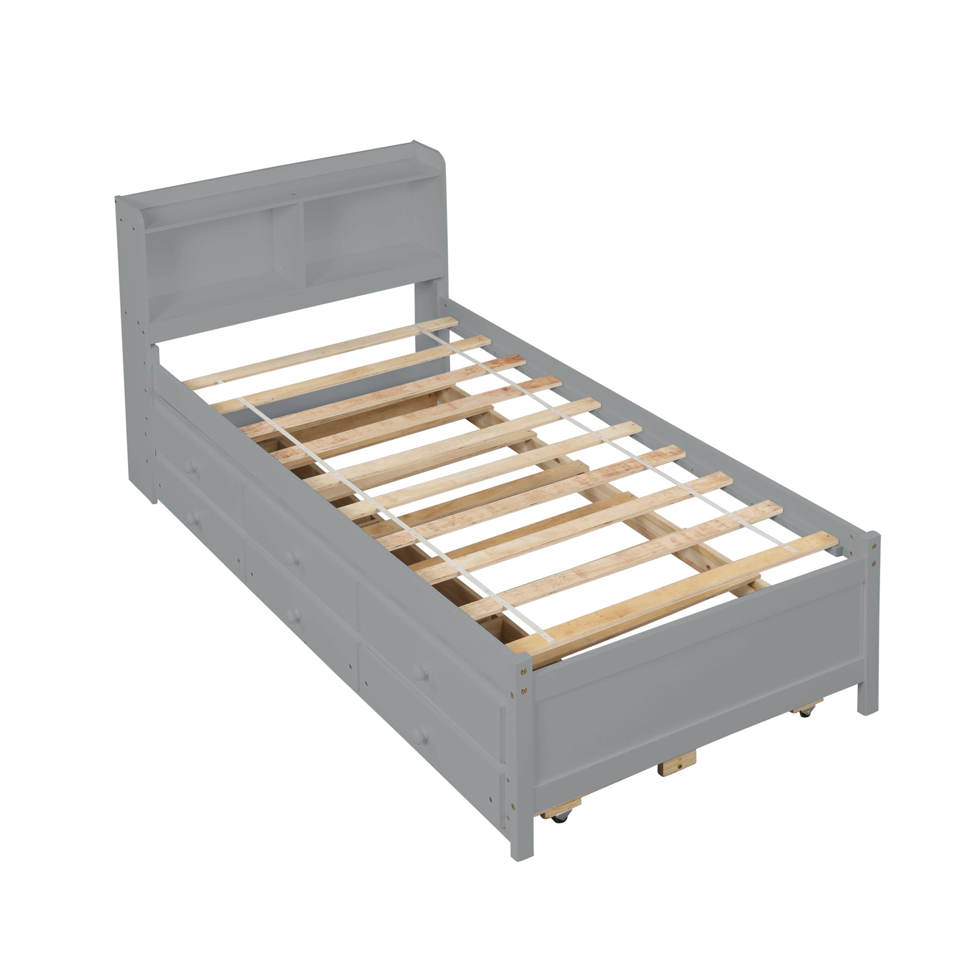 Twin Bed With Twin Trundle,Drawers,Grey Twin Grey Pine