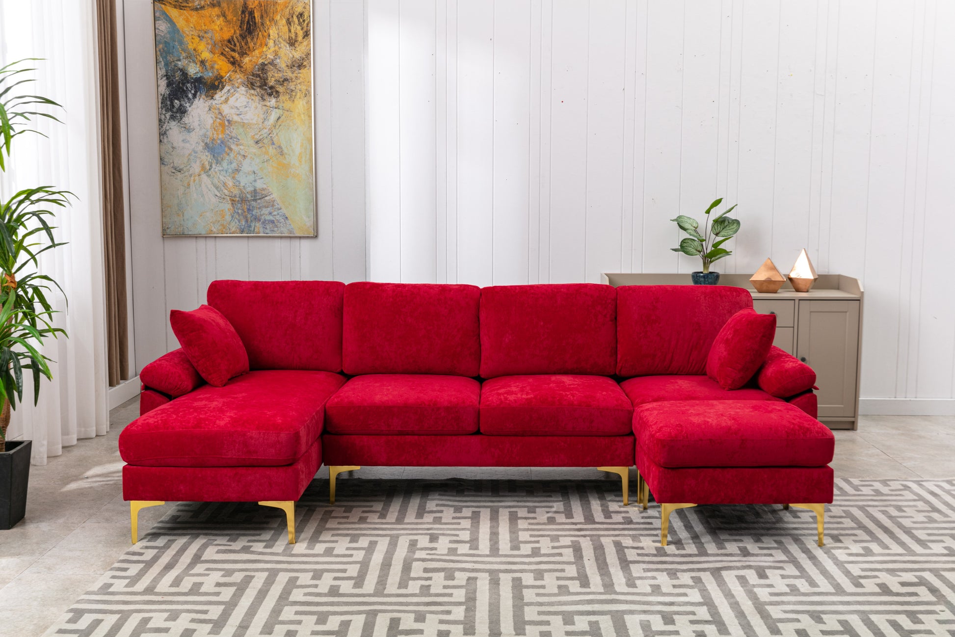 Coolmore U Shape Sectional Sofa With Ottomanreversible Sofa Couch For Living Room,Spacious Furniture,Durable Couch Removable And Machine Washable Cover Red Velvet Red Primary Living Space Foam Velvet 4 Seat