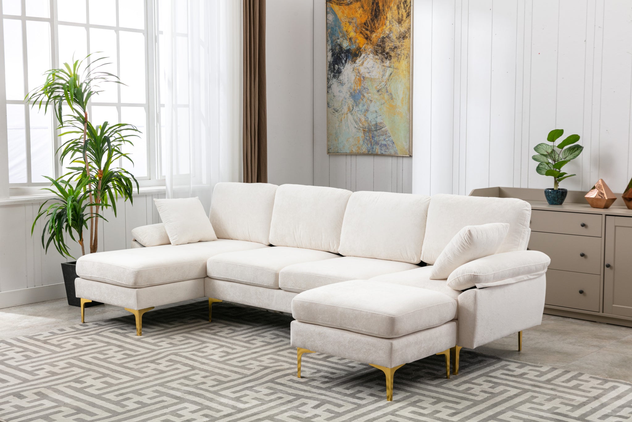 Coolmore U Shape Sectional Sofa With Ottomanreversible Sofa Couch For Living Room,Spacious Furniture,Durable Couch Removable And Machine Washable Cover White Teddy White Foam Velvet 4 Seat