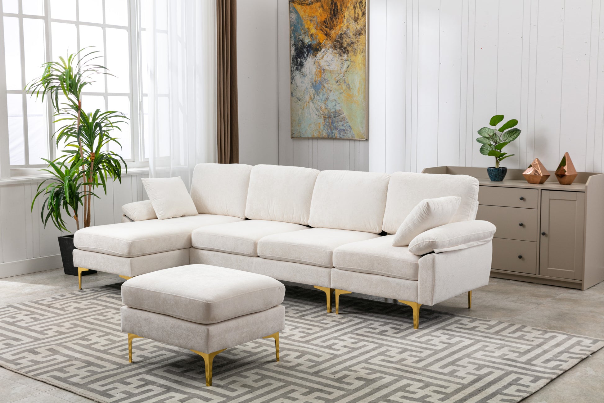 Coolmore U Shape Sectional Sofa With Ottomanreversible Sofa Couch For Living Room,Spacious Furniture,Durable Couch Removable And Machine Washable Cover White Teddy White Foam Velvet 4 Seat