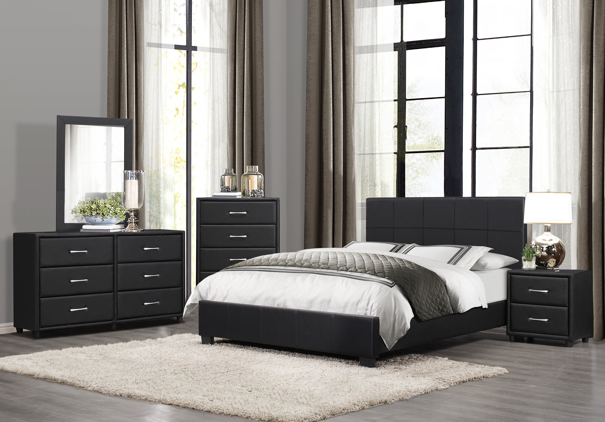 Contemporary Durable Black Faux Leather Covering 1Pc Chest Of Drawers Silver Tone Bar Pulls Stylish Furniture Black Bedroom Contemporary Plywood