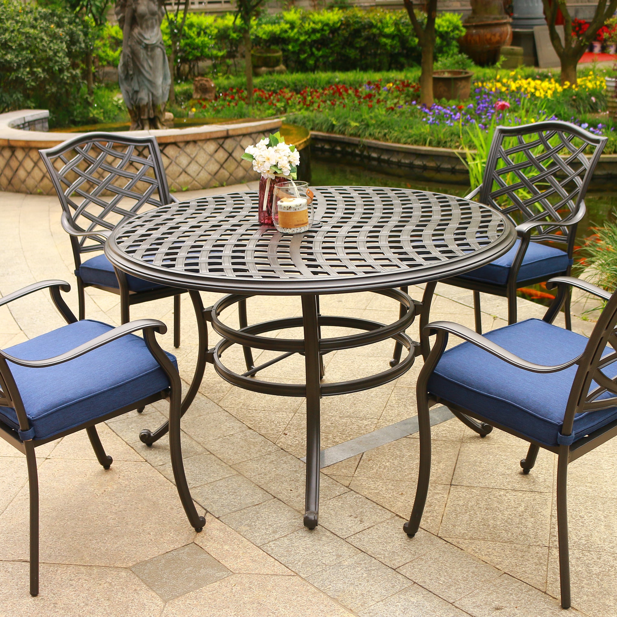Round 4 Person 49" Long Aluminum Dining Set With Cushions Navy Blue Polyester Aluminum