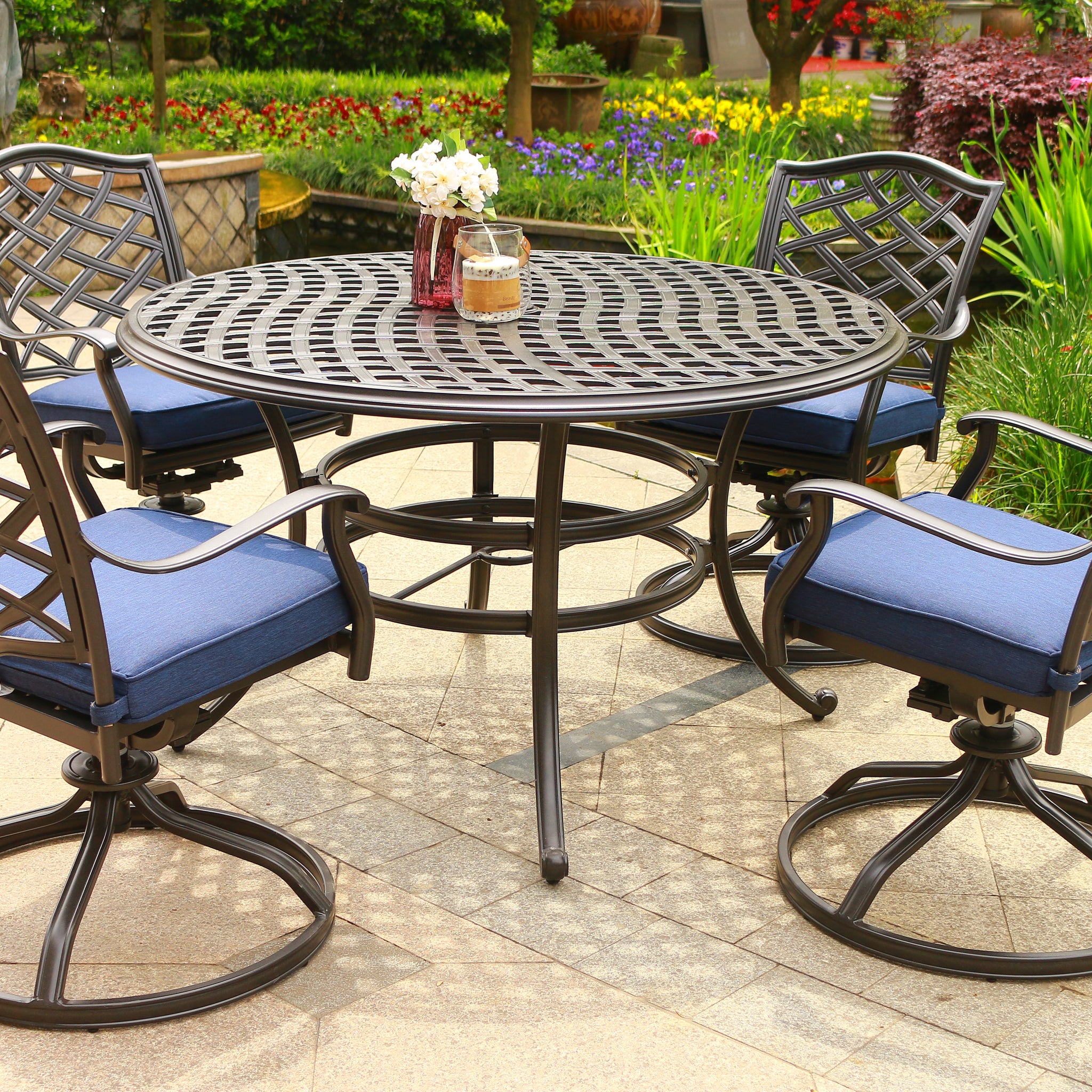 Round 4 Person 49" Long Aluminum Dining Set With Cushions Navy Blue Polyester Aluminum