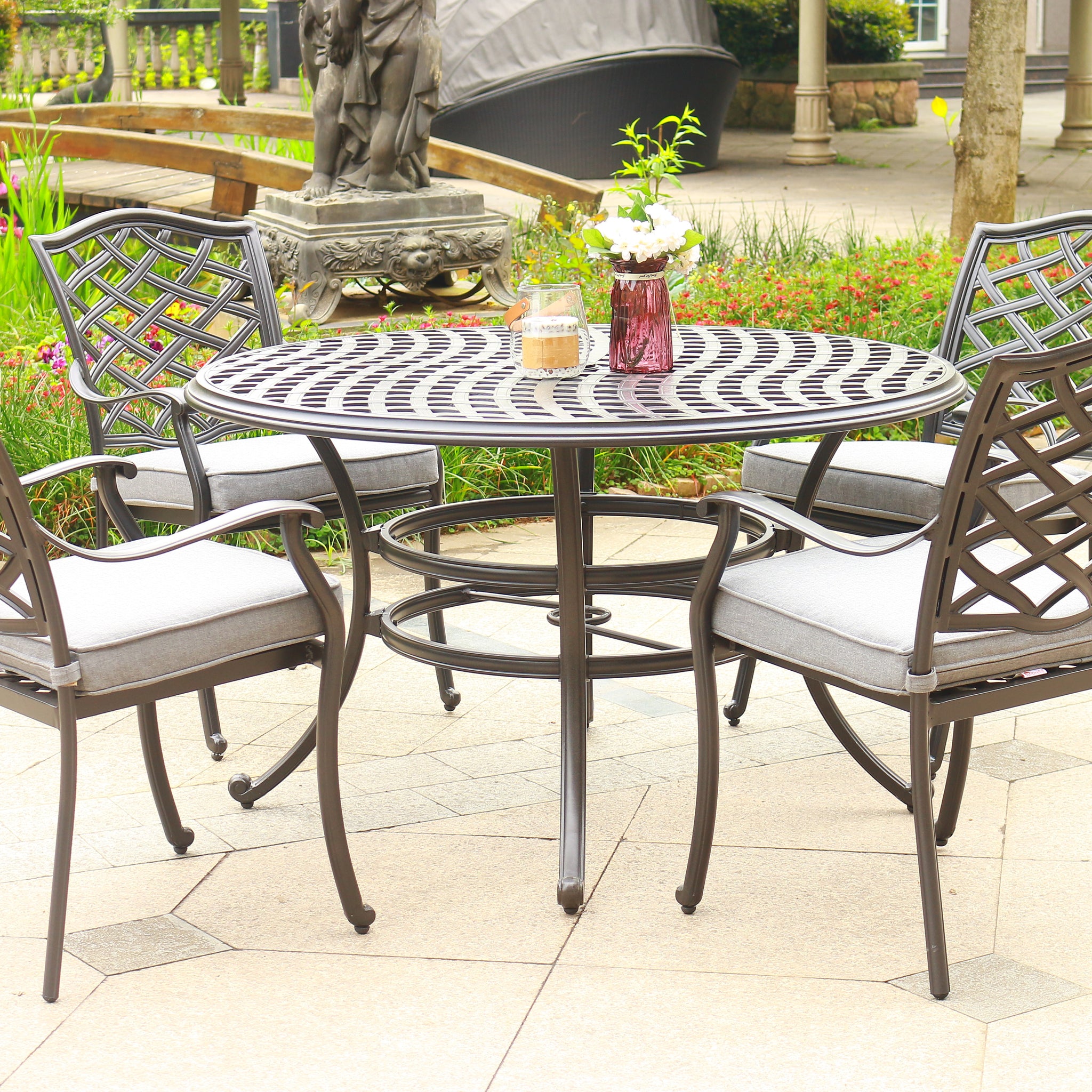 Round 4 Person 49" Long Aluminum Dining Set With Sunbrella Cushions Brown Grey Polyester Aluminum