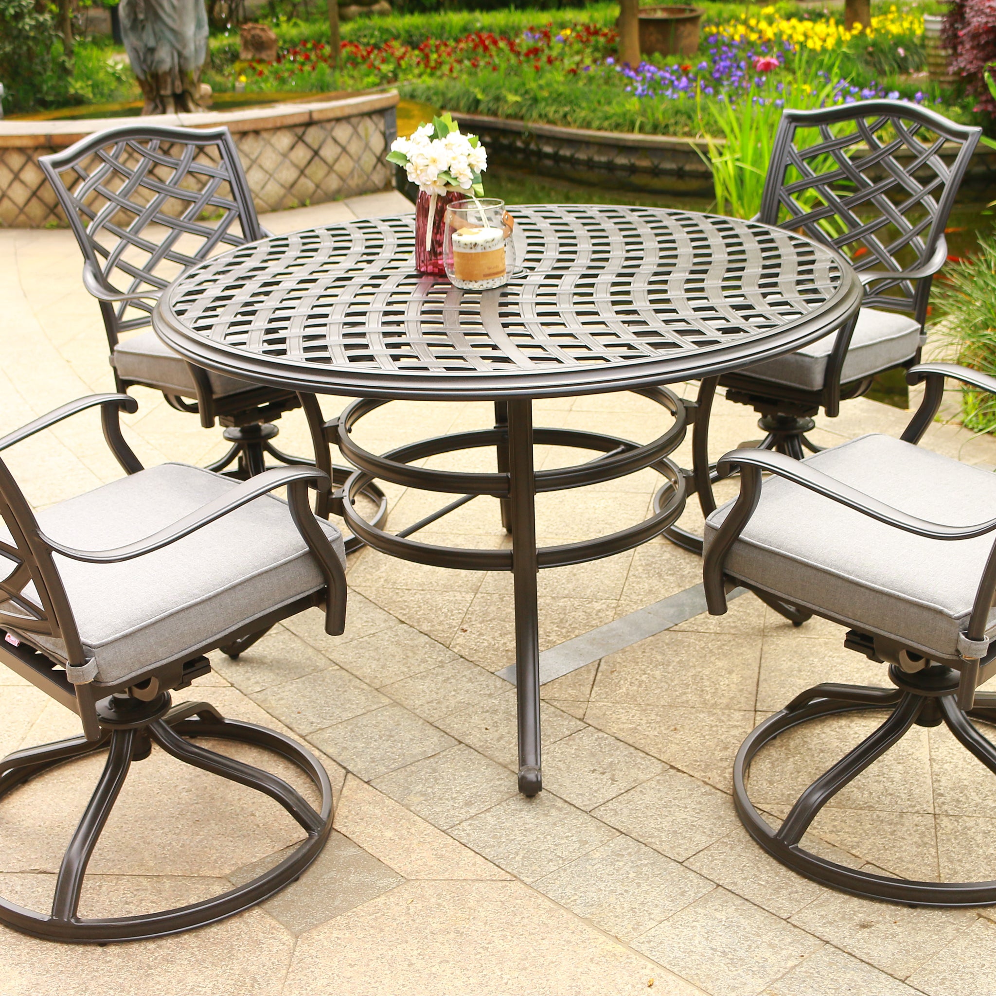 Round 4 Person 49" Long Aluminum Dining Set With Sunbrella Cushions Brown Grey Polyester Aluminum