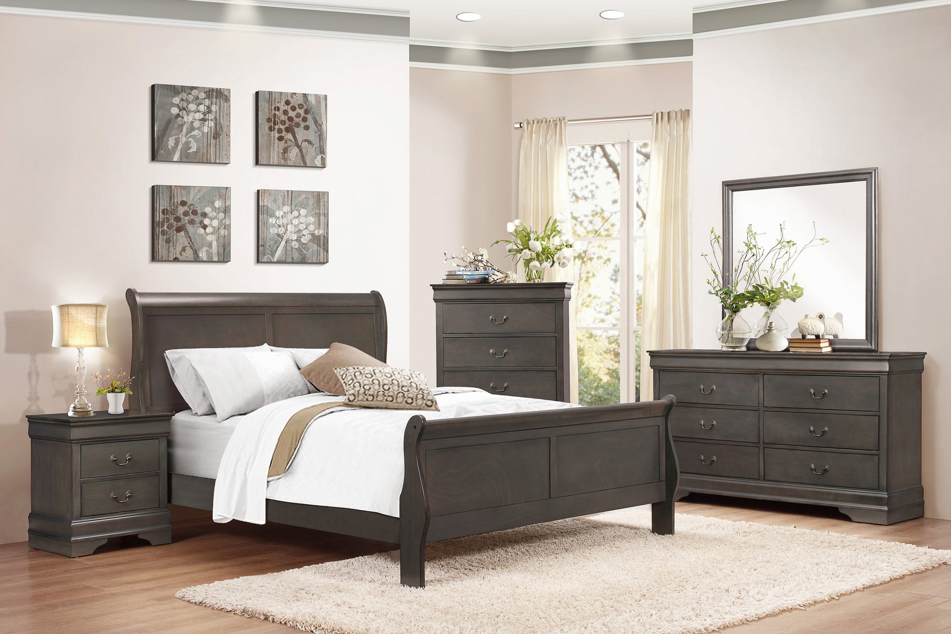 Stained Gray Finish Louis Philippe Style 1Pc Queen Size Sleigh Bed Traditional Design Queen Gray Bedroom Traditional Wood