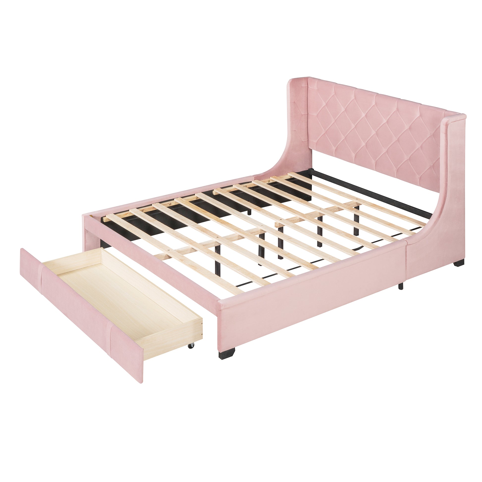 Queen Size Storage Bed Velvet Upholstered Platform Bed With Wingback Headboard And A Big Drawer Pink Pink Upholstered