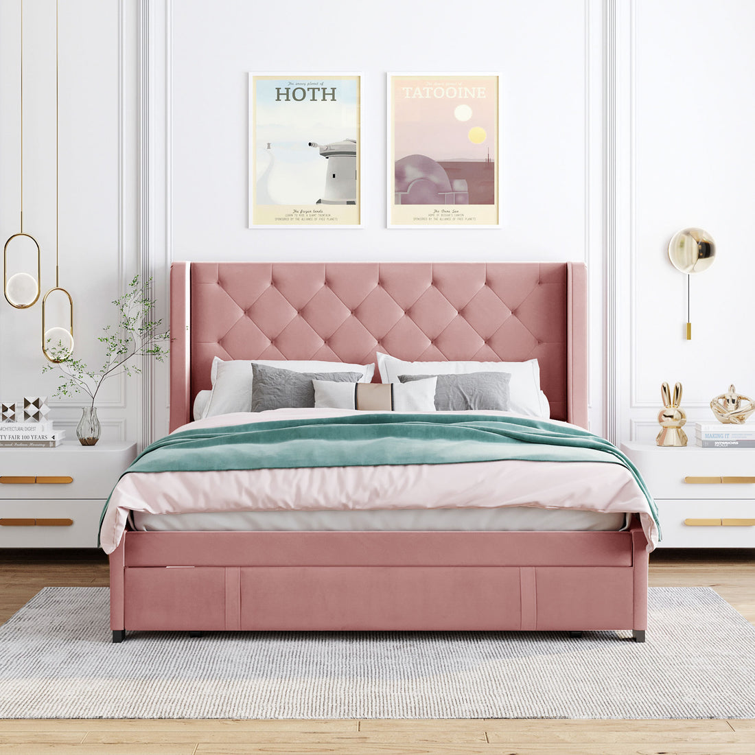 Queen Size Storage Bed Velvet Upholstered Platform Bed With Wingback Headboard And A Big Drawer Pink Pink Upholstered