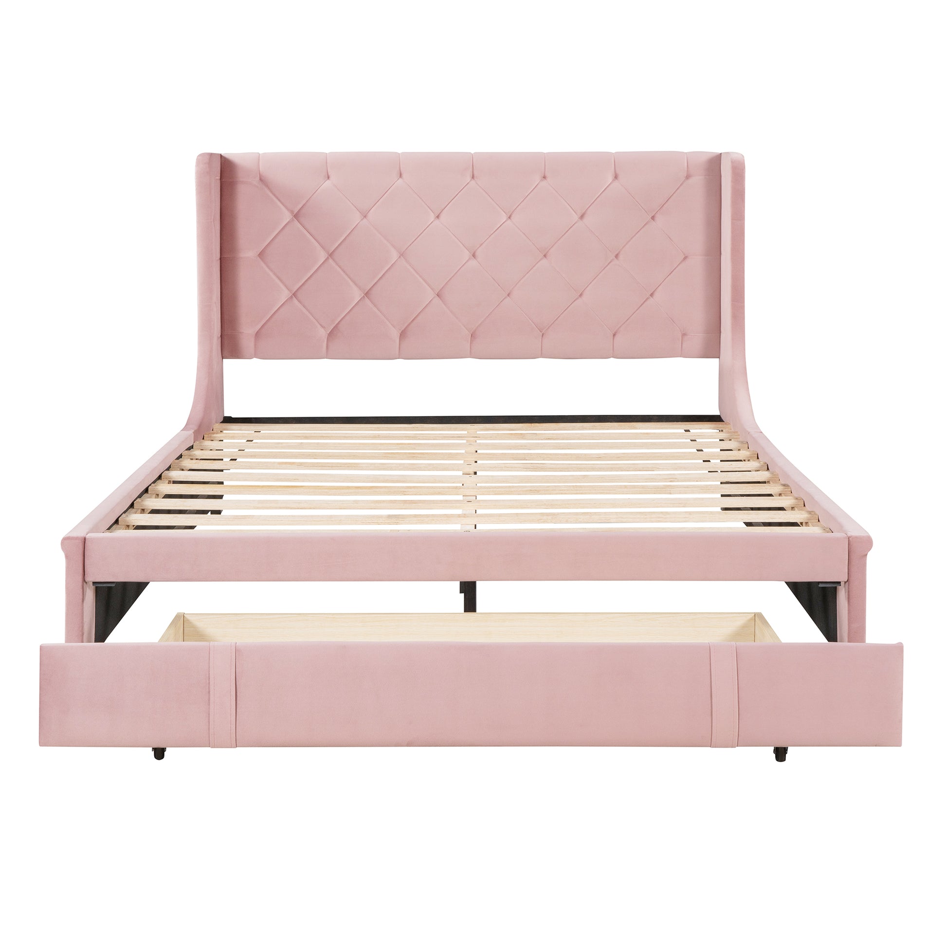 Queen Size Storage Bed Velvet Upholstered Platform Bed With Wingback Headboard And A Big Drawer Pink Pink Upholstered
