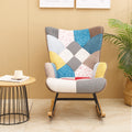 Rocking Chair, Mid Century Fabric Rocker Chair With Wood Legs And Patchwork Linen For Livingroom Bedroom Multicolor Linen