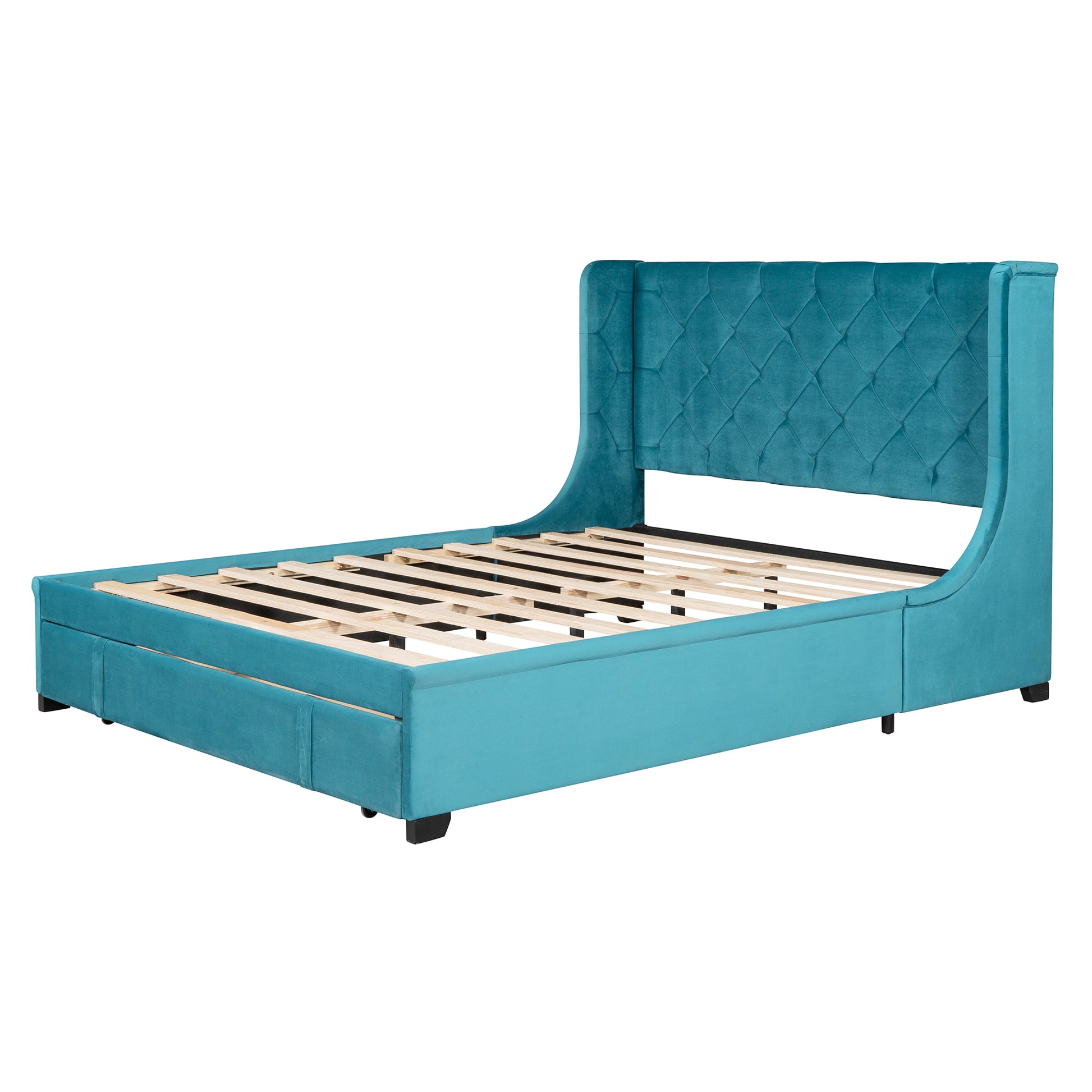 Queen Size Storage Bed Velvet Upholstered Platform Bed With Wingback Headboard And A Big Drawer Blue Blue Upholstered