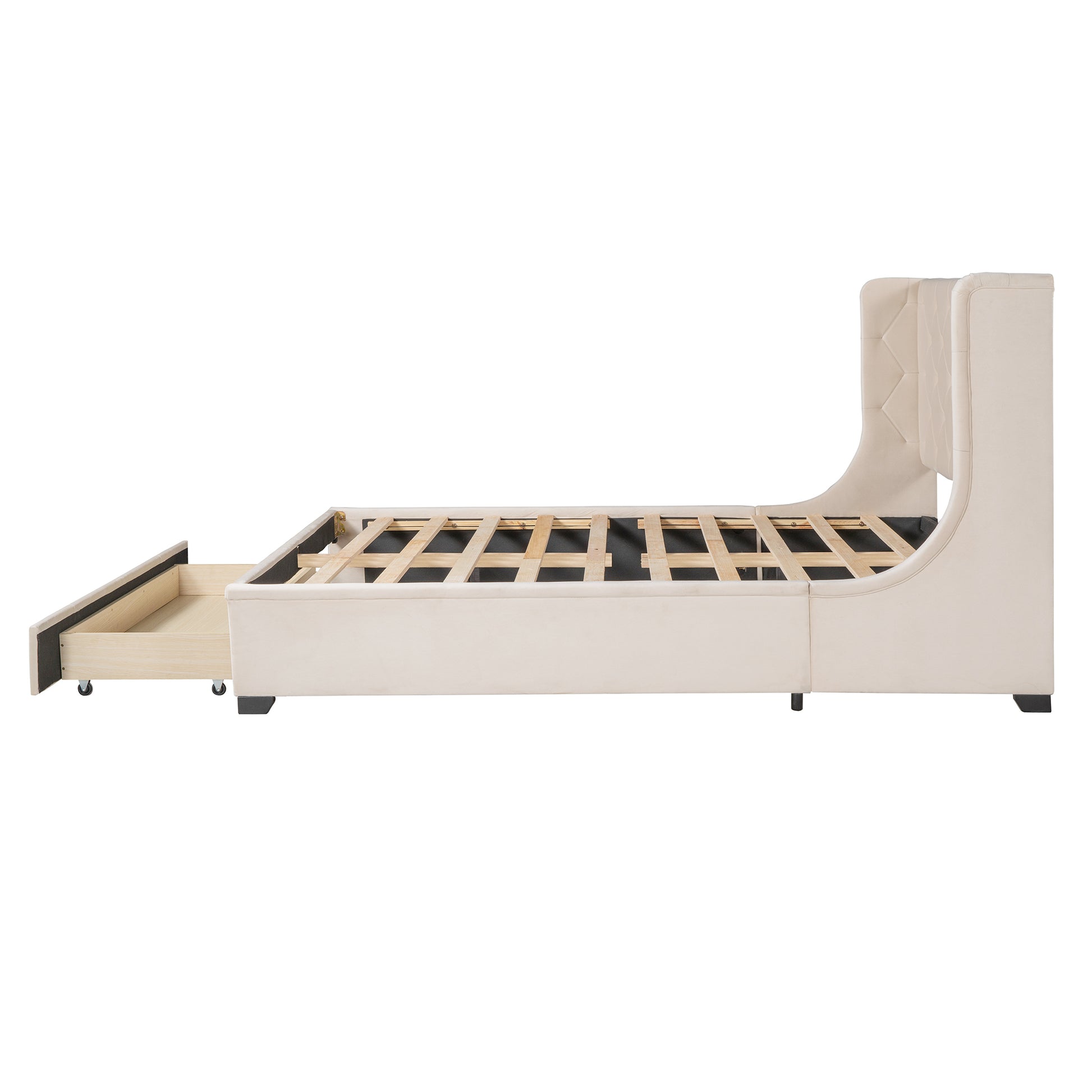Queen Size Storage Bed Velvet Upholstered Platform Bed With Wingback Headboard And A Big Drawer Beige Beige Upholstered