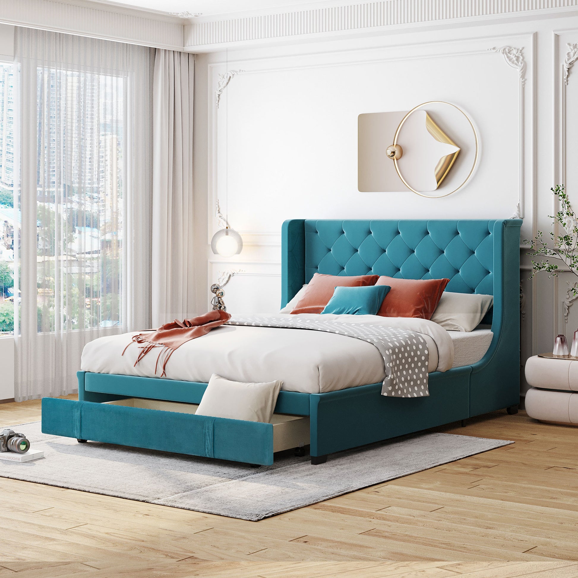 Queen Size Storage Bed Velvet Upholstered Platform Bed With Wingback Headboard And A Big Drawer Blue Blue Upholstered