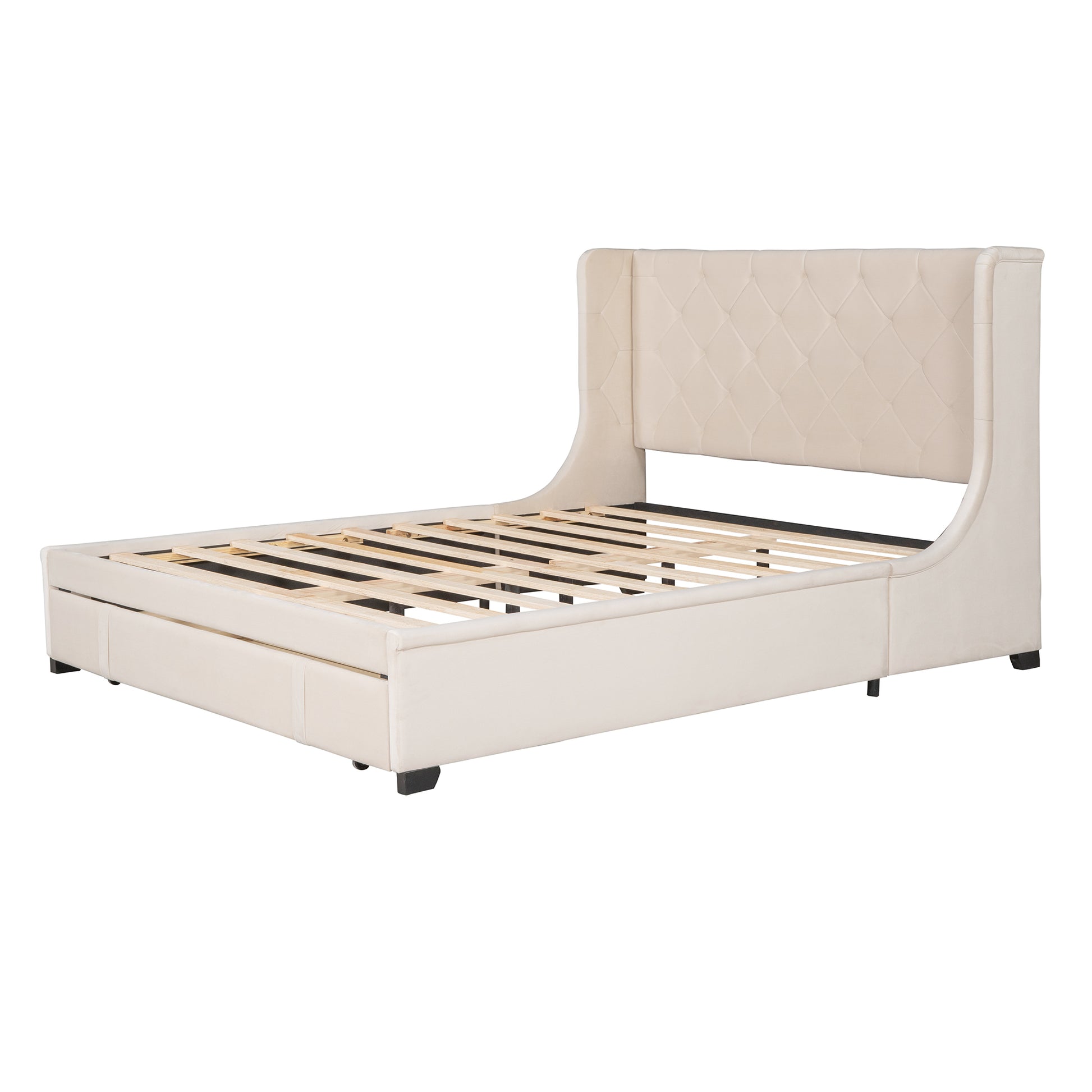 Queen Size Storage Bed Velvet Upholstered Platform Bed With Wingback Headboard And A Big Drawer Beige Beige Upholstered