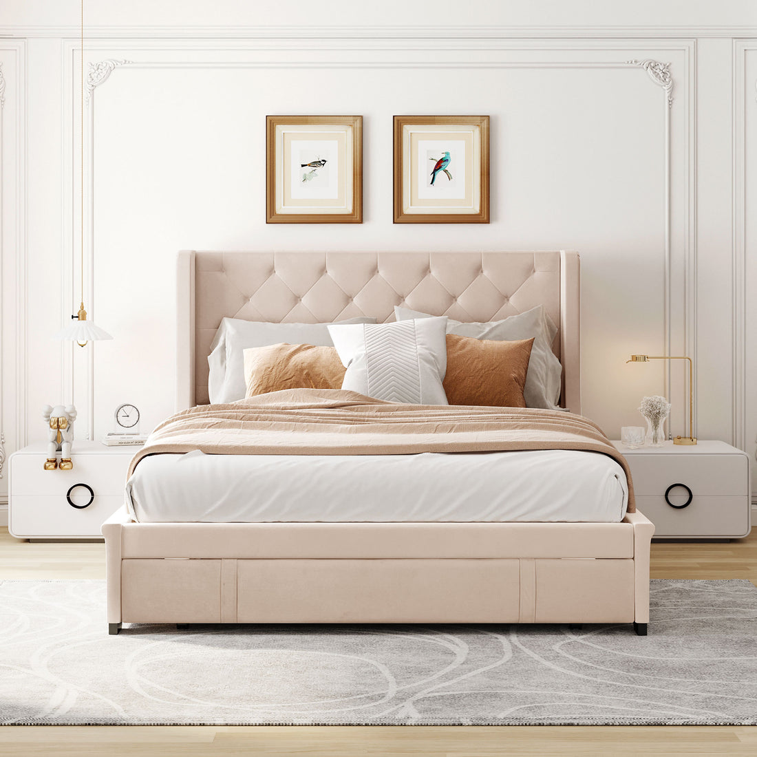 Queen Size Storage Bed Velvet Upholstered Platform Bed With Wingback Headboard And A Big Drawer Beige Beige Upholstered