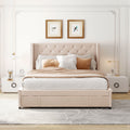 Queen Size Storage Bed Velvet Upholstered Platform Bed With Wingback Headboard And A Big Drawer Beige Beige Upholstered