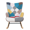 Rocking Chair, Mid Century Fabric Rocker Chair With Wood Legs And Patchwork Linen For Livingroom Bedroom Multicolor Linen