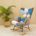 Rocking Chair, Mid Century Fabric Rocker Chair With Wood Legs And Patchwork Linen For Livingroom Bedroom Multicolor Linen
