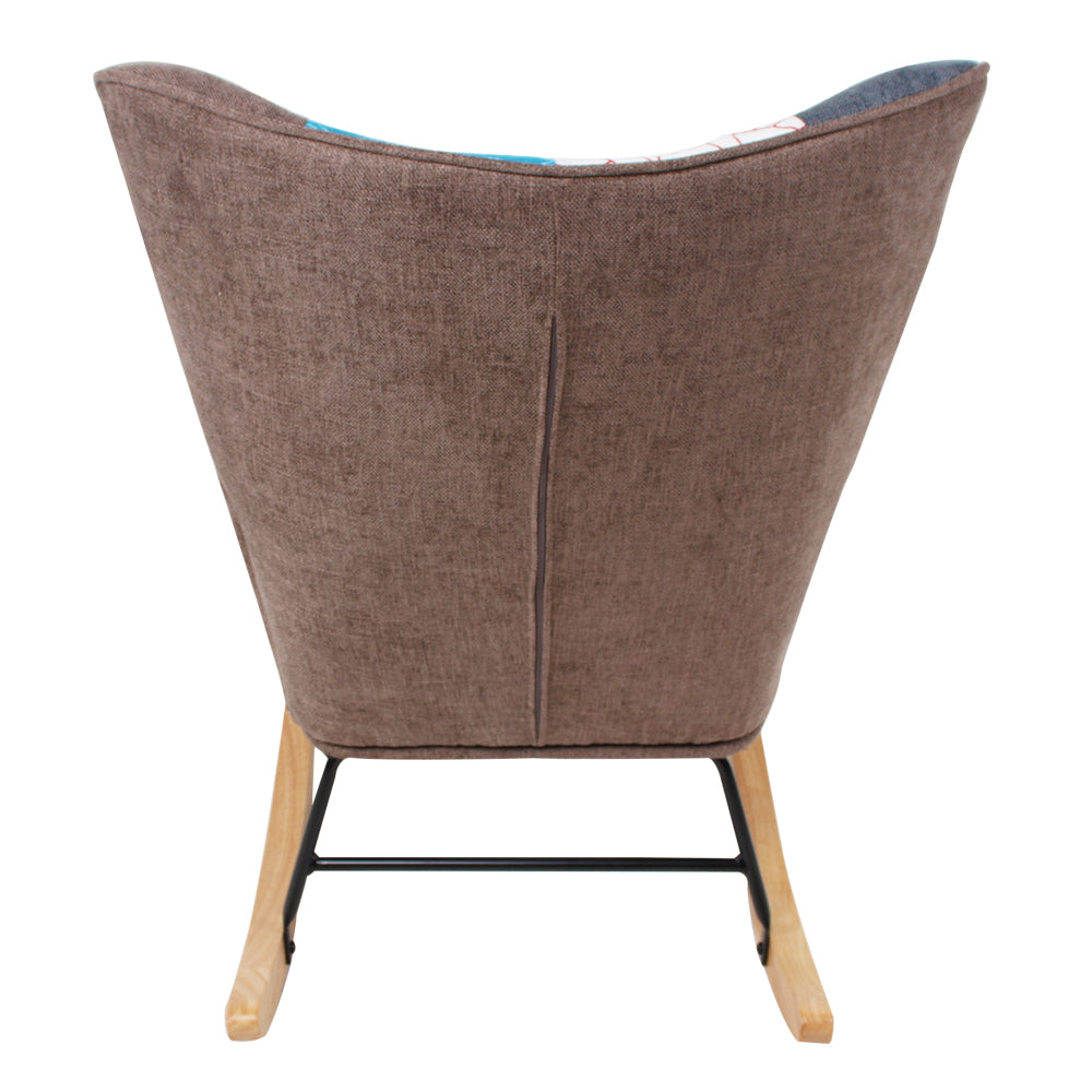 Rocking Chair, Mid Century Fabric Rocker Chair With Wood Legs And Patchwork Linen For Livingroom Bedroom Multicolor Linen