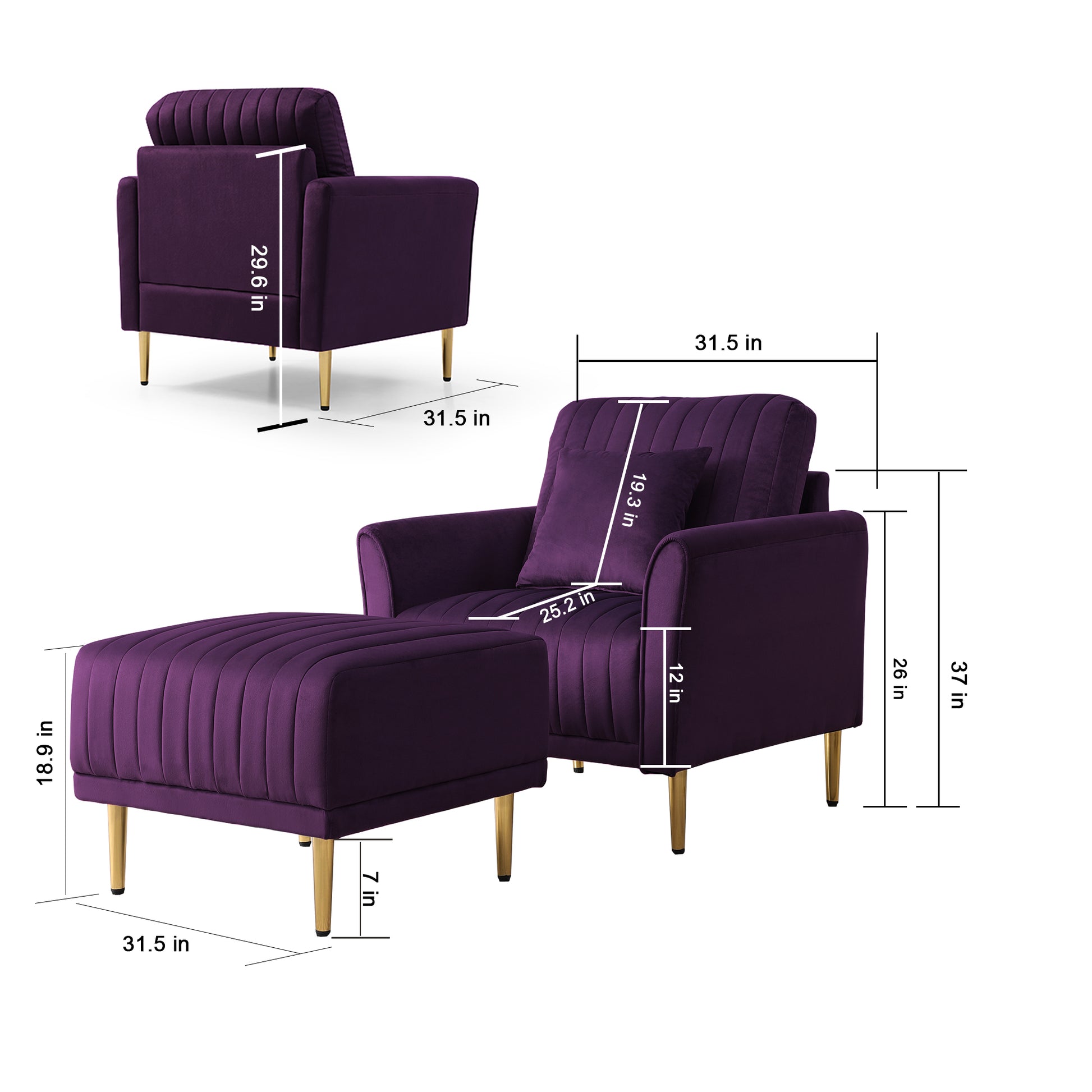 Accent Chair With Ottoman, Modern Tub Arm Chair Footstool Set For Living Room Bedroom, Golden Finished Legs, Purple Velvet Purple Foam Velvet