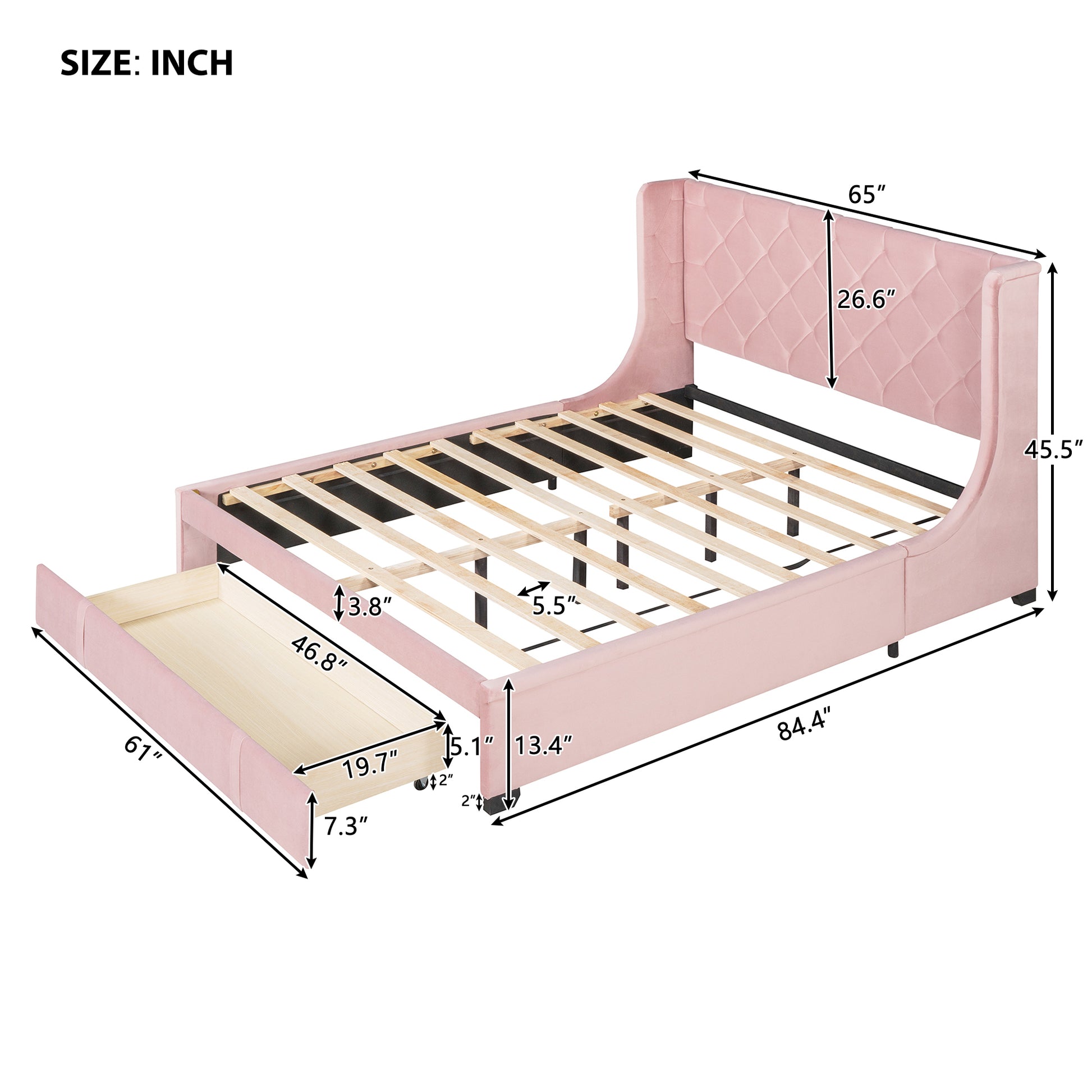 Queen Size Storage Bed Velvet Upholstered Platform Bed With Wingback Headboard And A Big Drawer Pink Pink Upholstered