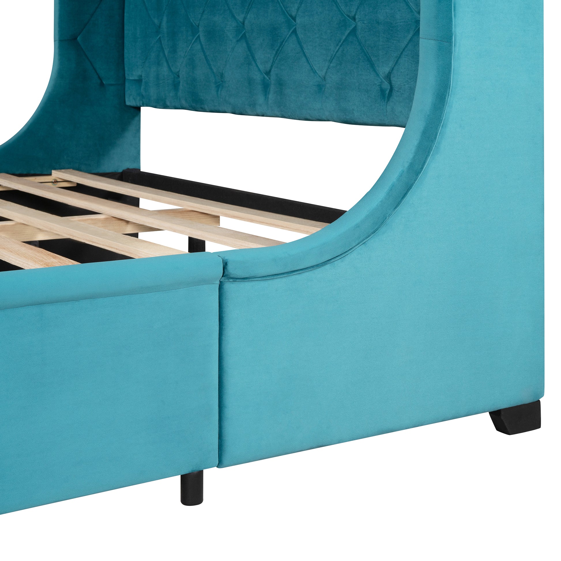 Queen Size Storage Bed Velvet Upholstered Platform Bed With Wingback Headboard And A Big Drawer Blue Blue Upholstered