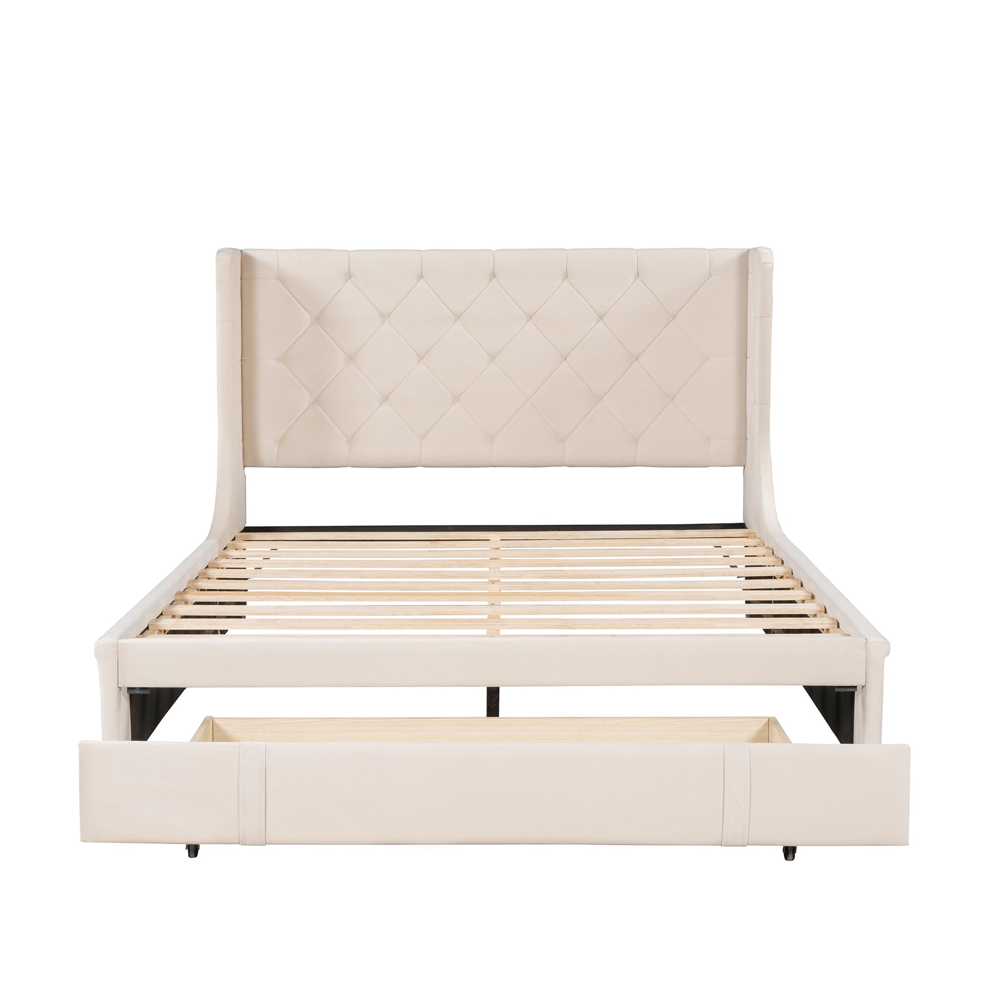 Queen Size Storage Bed Velvet Upholstered Platform Bed With Wingback Headboard And A Big Drawer Beige Beige Upholstered